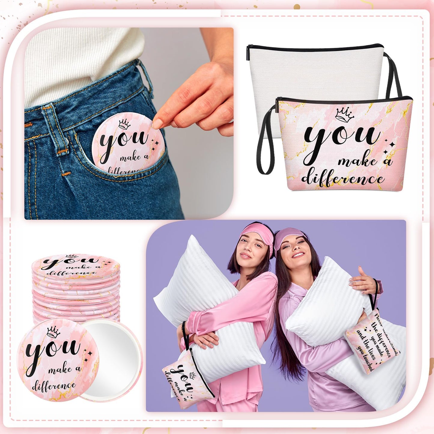Xuniea 24 Pcs Employee Appreciation Gifts for Women 12 Motivation Canvas Makeup Bags 12 Pocket Mirror Inspirational Thank You Gifts for Teacher Mother's Day Nurse Team(Make A Difference)