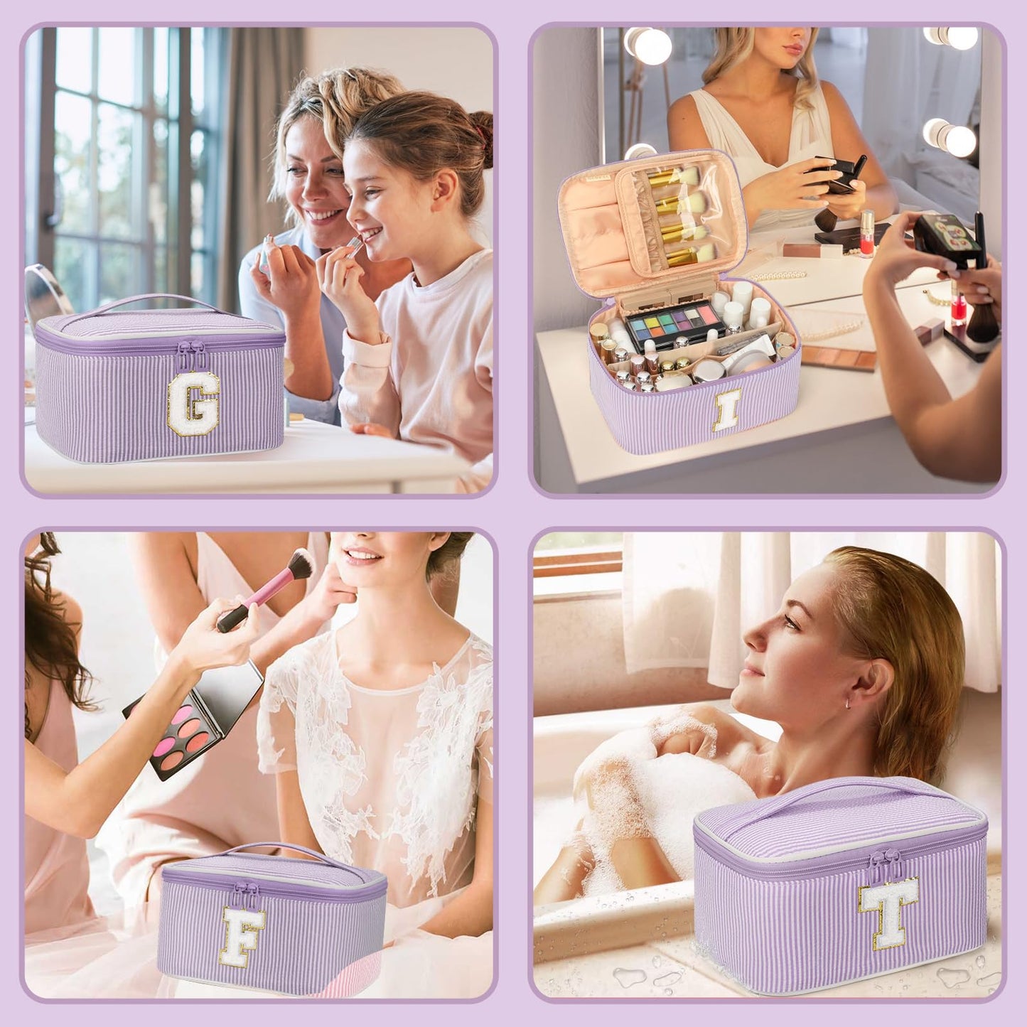 OCHEAL Makeup Bag for Women, Monogram Cosmetic Bag Purple Travel Makeup Case Beauty Toiletry Bag Organizer Personalized Gifts for Girls Bridesmaid, Sister, Wife, Friends Initial O