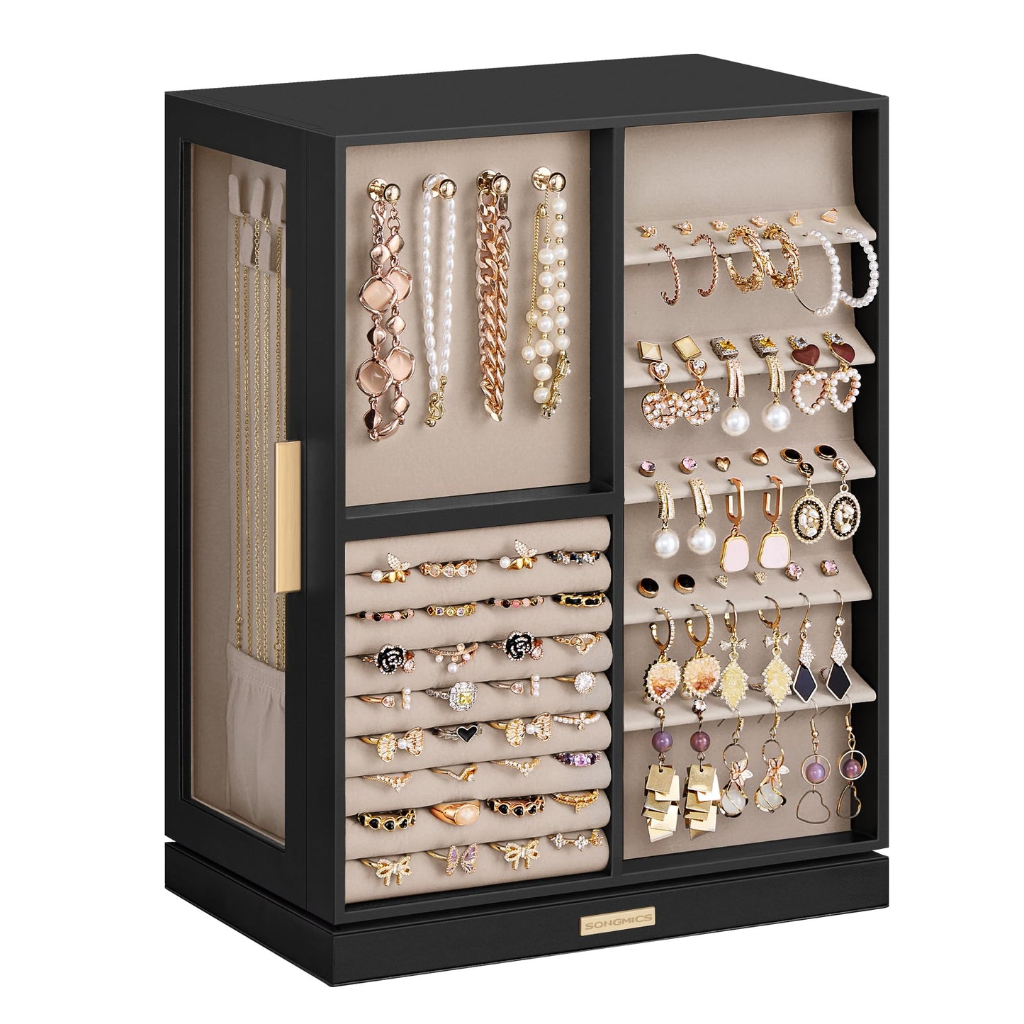 SONGMICS GISELLA Collection - Jewelry Box 360° Rotating, Jewelry Storage Case with 7 Drawers, Jewelry Organizer, Glass Window, Open Design, Great Gift, Ink Black UJBC201B01