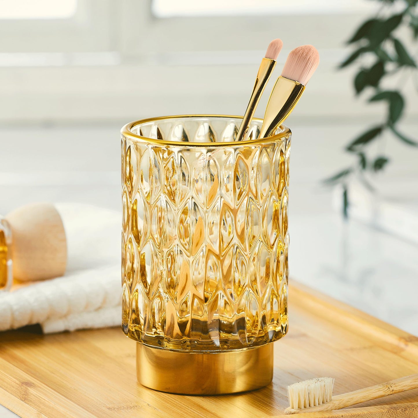 LEICURACE Makeup Brush Holder Organizer,Toothbrush Holders,Desk Pen Pencil Holder,Multifunctional Vintage Glass Brush Cup（A39-2-US）