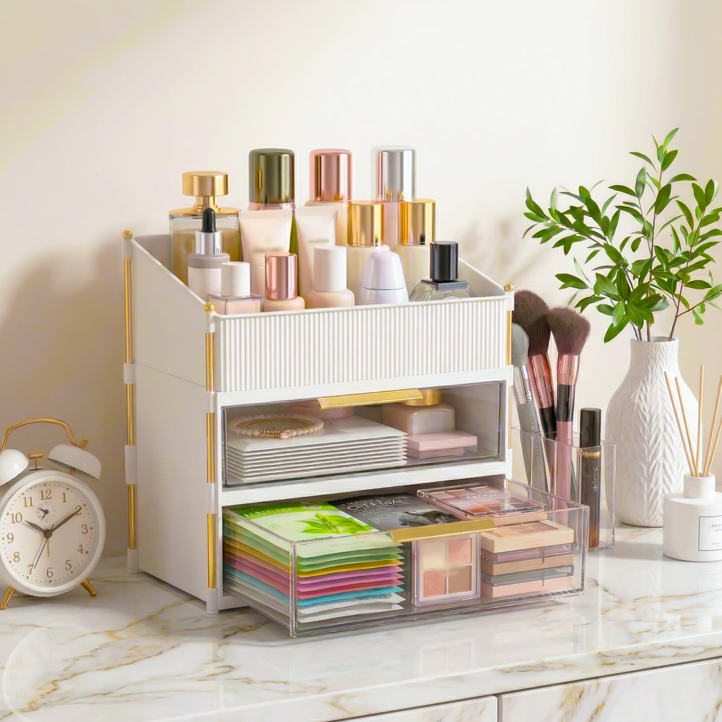 Asdbko Large Capacity Makeup Organizer Countertop with Brush Holder, Vanity Skincare Perfume Storage Box for Bathroom, Mother's Day Birthday Anniversary Teen Girl Gifts for Women Mom