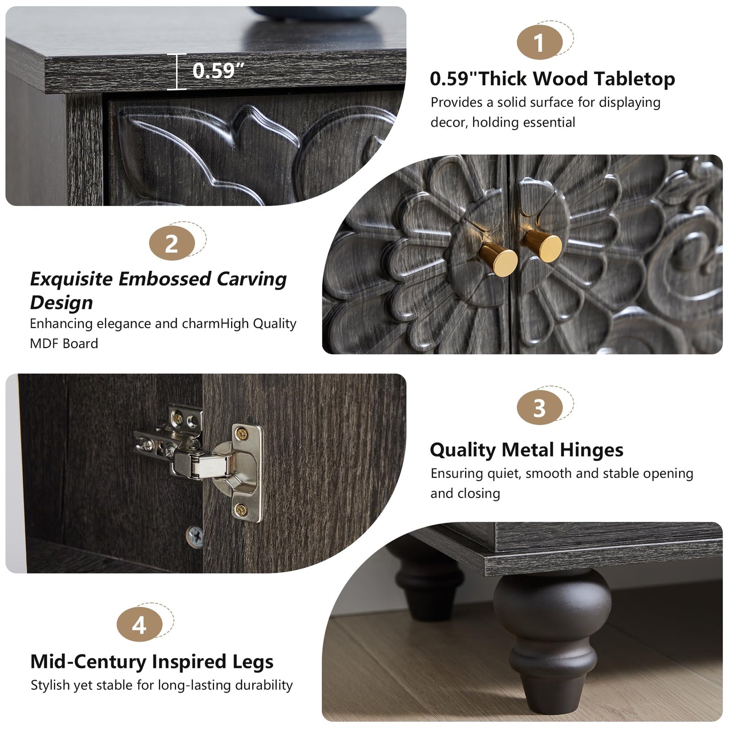 weselon Accent Cabinet Set of 2, Classic Carved Buffet Cabinet Storage Sideboard with Adjustable Shelves, Entryway Table for Living Room (Antique Black-Brown)