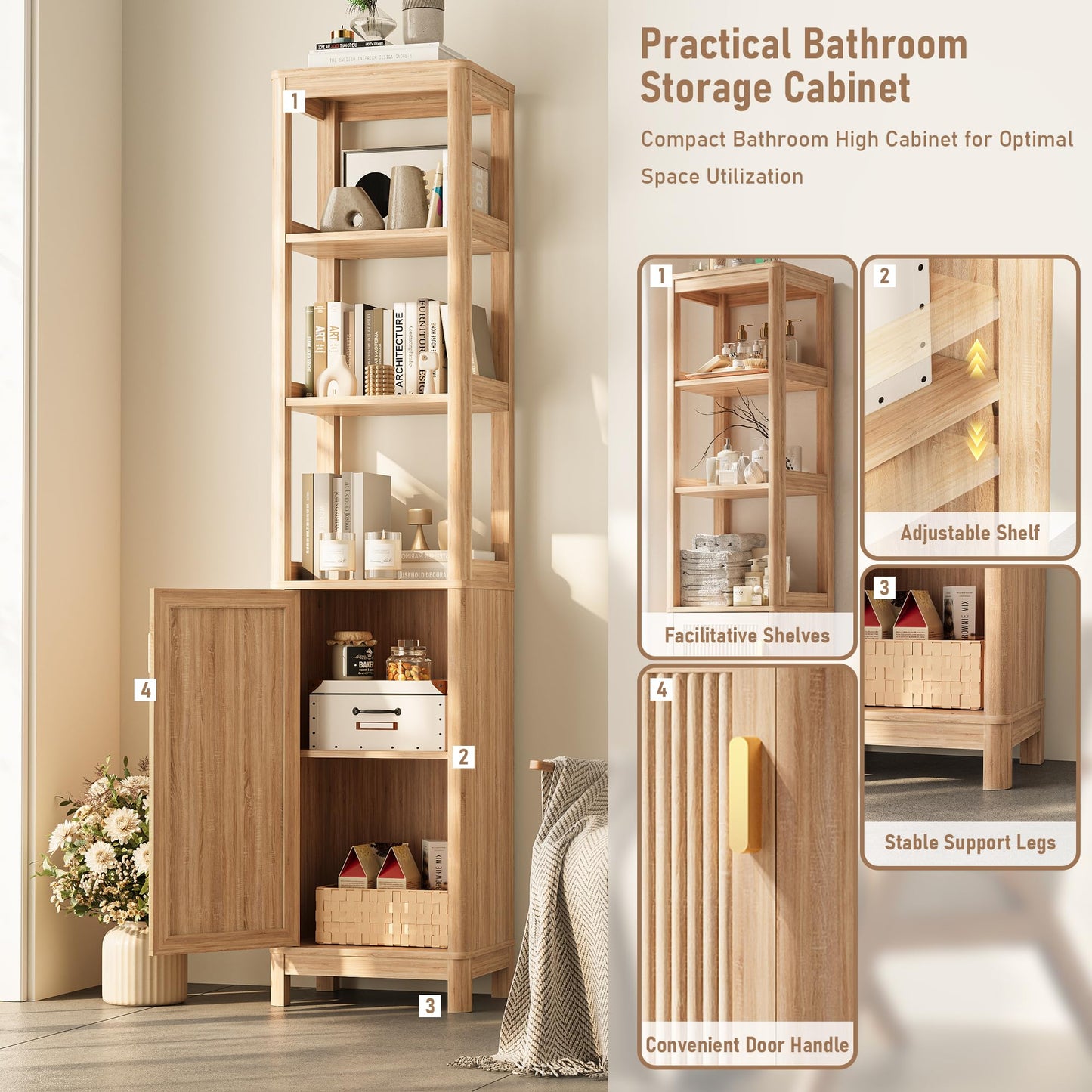INNOD 68'' Tall Narrow Storage Cabinet with Adjustable Shelf and Door, Bathroom Storage Cabinet, Space Saver for Bathroom, Kitchen, Living Room, Natural Oak