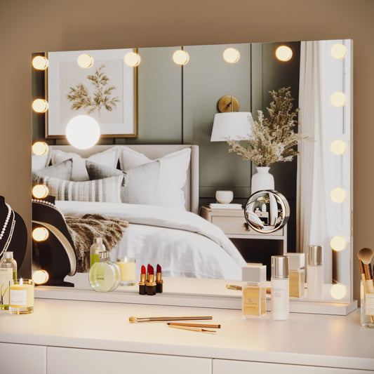 Vanity Mirror with Lights, Makeup Mirror with 17 Dimmable Led Bulbs 3 Color Lighted Makeup Mirror, Lighted Vanity Mirror with Touch Control for Vanity, Bedroom, Livingroom(32" x 24")