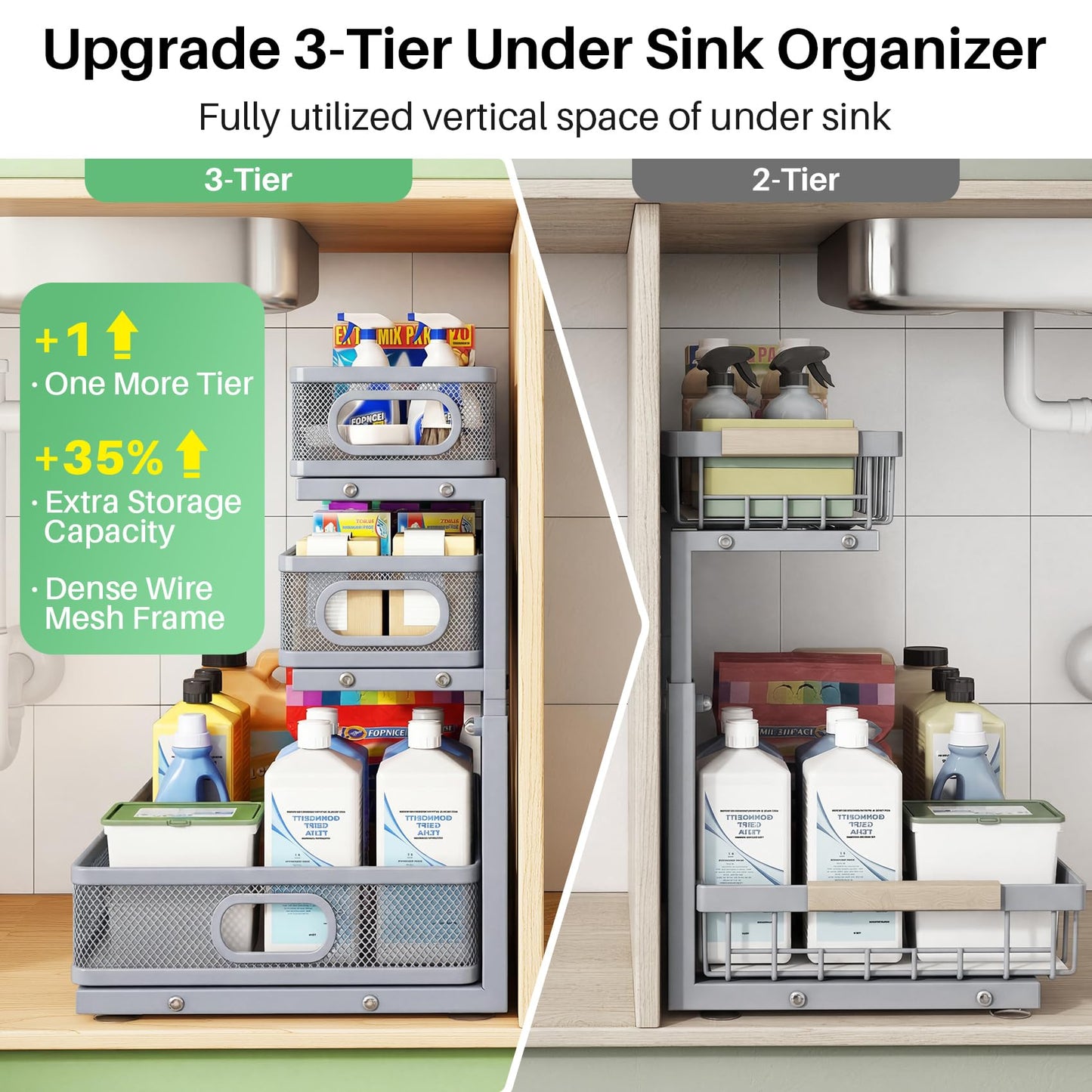 Kitstorack Under Sink Organizer, 2-Pack 3-Tier Height Adjustable Thickened Metal Pull out Cabinet Organizer Shelf, Slide out Storage Drawer Rack for Bathroom Kitchen Pantry Home Organization, Grey