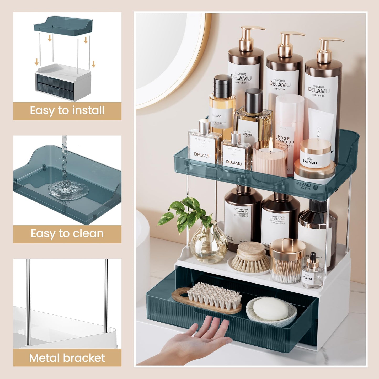 Delamu Bathroom Organizers and Storage, 2 Tier 2 Drawer Makeup Organizer Countertop, Easy to Install, Ideal for Bathroom Counter, Vanity, Blue