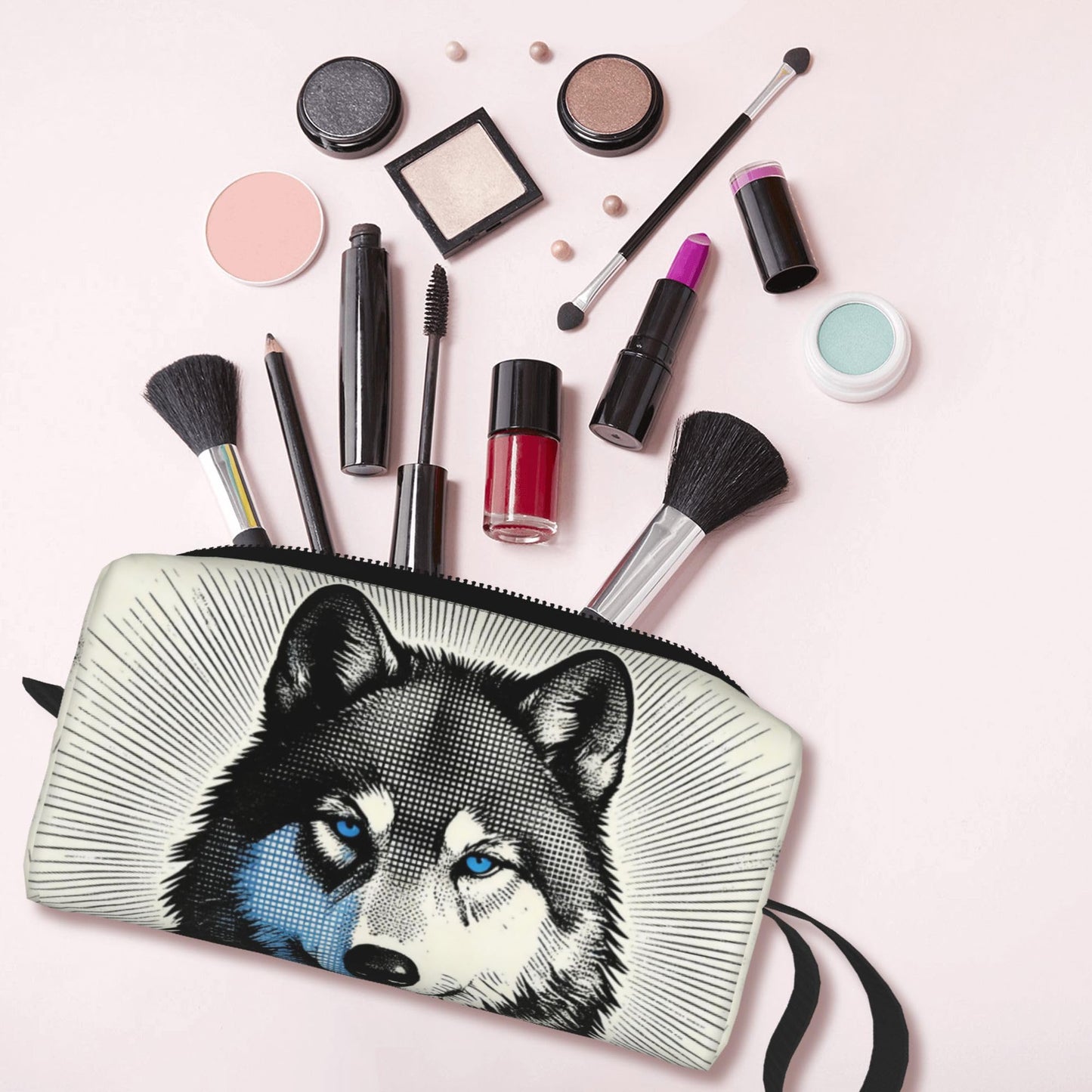 OLUSENMO Blue Eyed Wolf Makeup Bag for Women - Durable 600D Oxford Fabric Cosmetic Organizer,Compact Travel Pouch with Handle for Gym & Daily Use