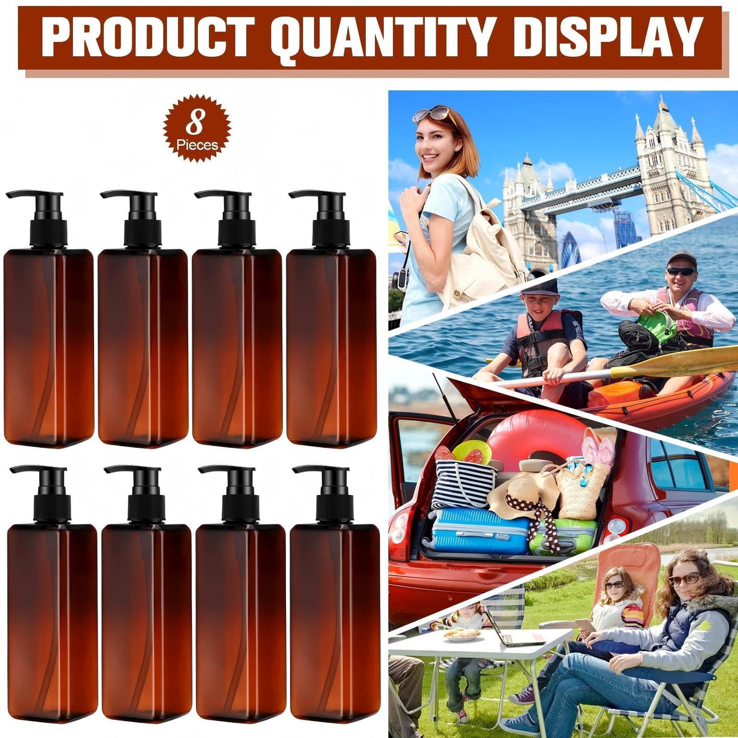 Didaey 8 Pcs Amber Plastic Bottles with Pump 16 oz Refillable Shampoo Dispenser Empty Body Wash Soap Conditioner Lotion Bottles for Bathroom, Kitchen Sink, Hotel, Salon, Cosmetic