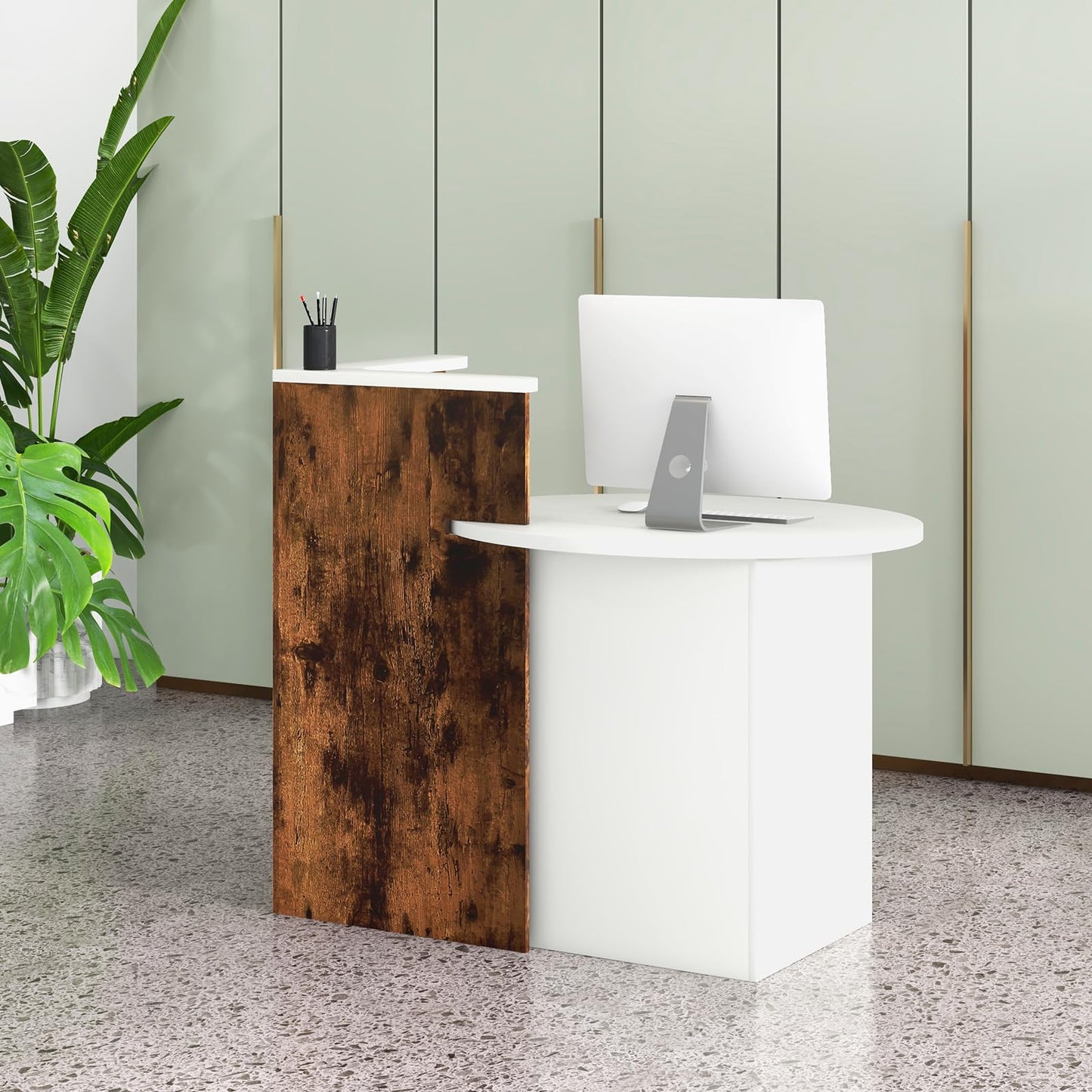 Tangkula Reception Desk, Front Counter Desk with Lockable Drawer & Adjustable Shelf, Oval Desktop, Retail Counter for Checkout, Computer Workstation for Salon Lobby Home Office