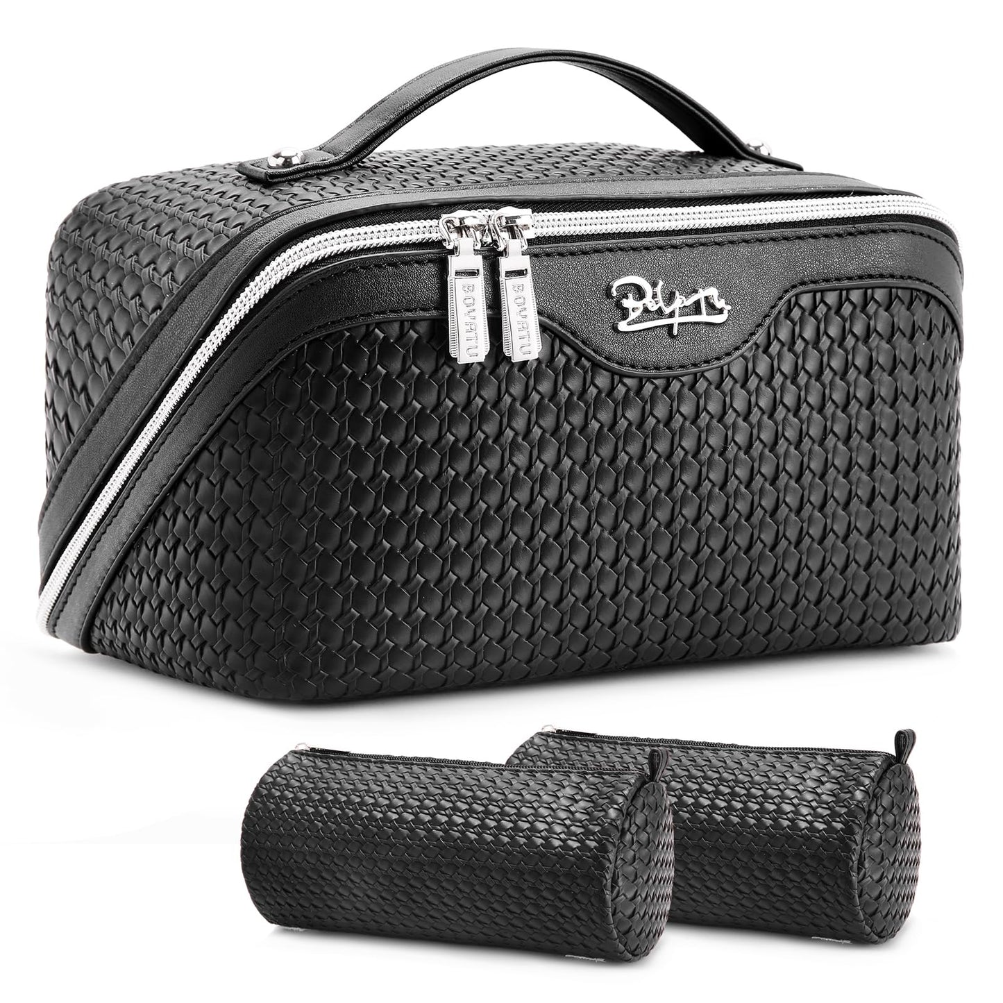 BOYATU Travel Makeup Bags for Women: Large Capacity Make up Bag with Wide Opening - 3 Pcs Set Waterproof Travel Toiletry Organizer for Full-Sized Bottles, Cosmetics & Brushes (Black-W)
