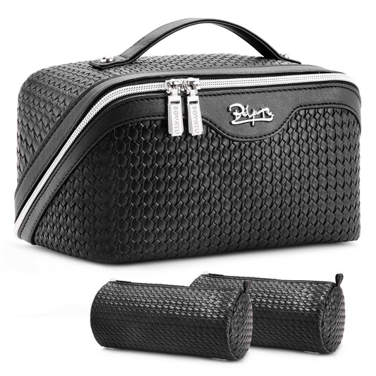 BOYATU Travel Makeup Bags for Women: Large Capacity Make up Bag with Wide Opening - 3 Pcs Set Waterproof Travel Toiletry Organizer for Full-Sized Bottles, Cosmetics & Brushes (Black-W)