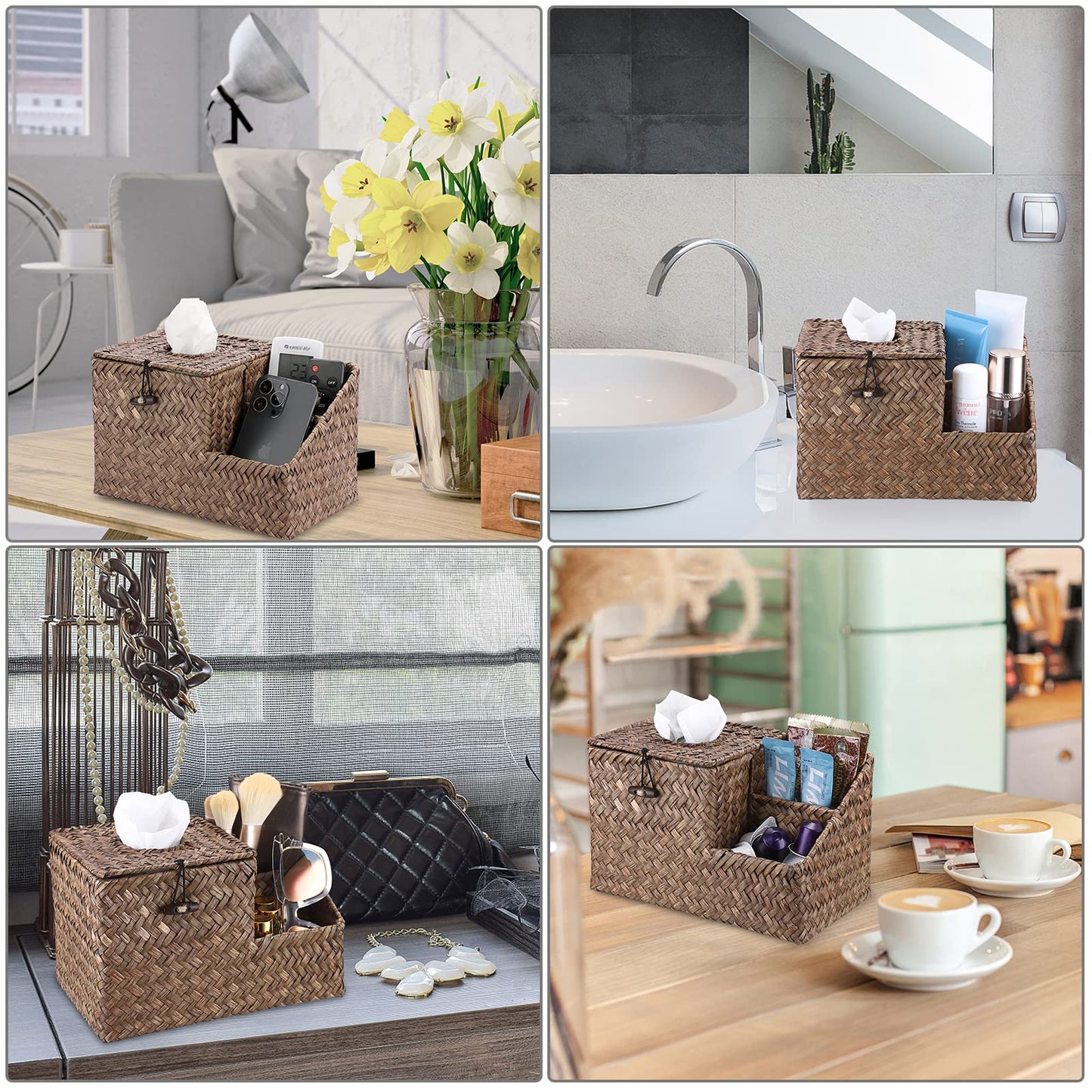 Sumnacon Square Woven Tissue Box Cover - Decorative Cube Tissue Box Holder with Side Organizer, Rustic Seagrass Tissue Box for Living Room Vanity Night Stand Table Countertop Office,Coffee