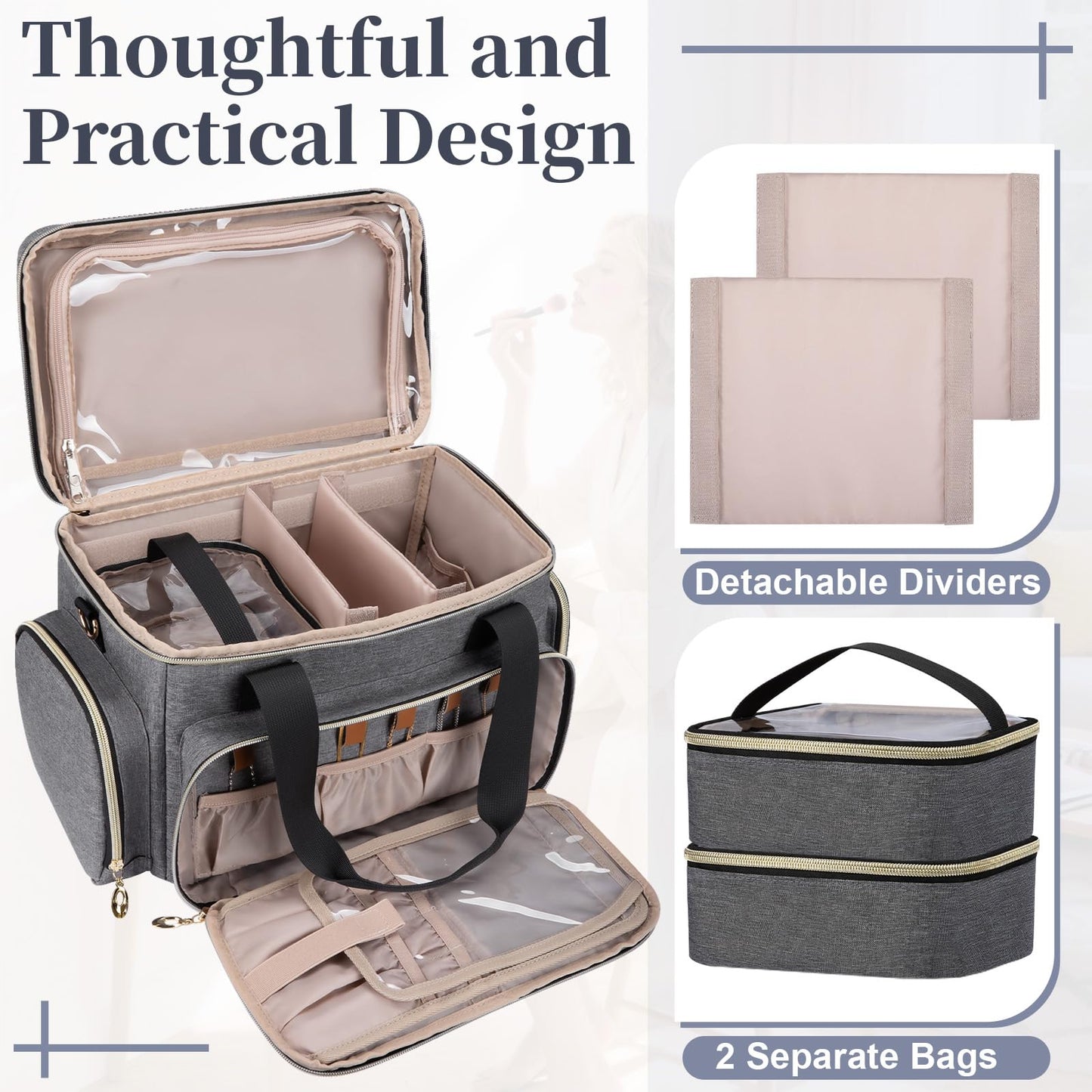 GDNasist Large Makeup Bag, Portable Travel Makeup Bag Organizer for Women Girls with 2 Removable Pouches & Detachable Dividers, Cosmetic Travel Bag, Toiletry Bag for Makeup and Hair Supplies Grey