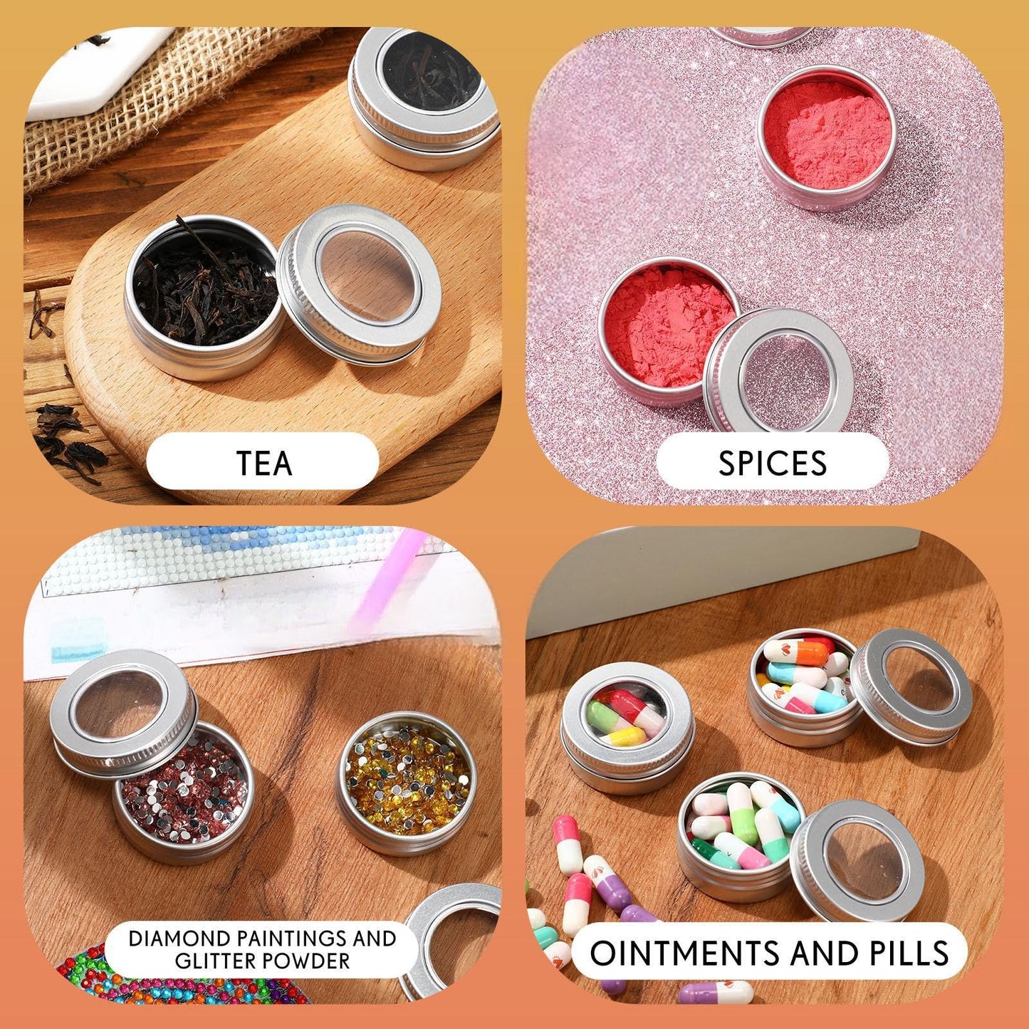 Zubebe 100 Pcs Aluminum Tin Jar Refillable Containers Clear Top Screw Lid Round Tin Container Bottle for Cosmetic, Cream, Diamond Painting, Salves, Balms, Lip Balm, Spices or Others, Silver (1 oz)