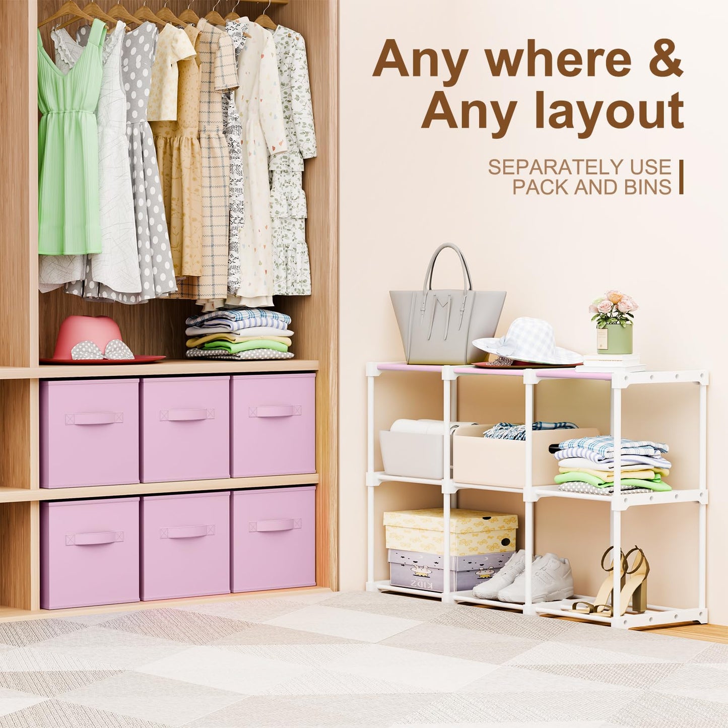 Briwooody 6 Cube Storage Organizer Bins with Shelf 11x11 Cabinet Drawer Dresser Closet Organizer and Storage Fabric Toy Boxes for Nursery Playroom Back to School Dorm for Clothes (Macaroon Pink)