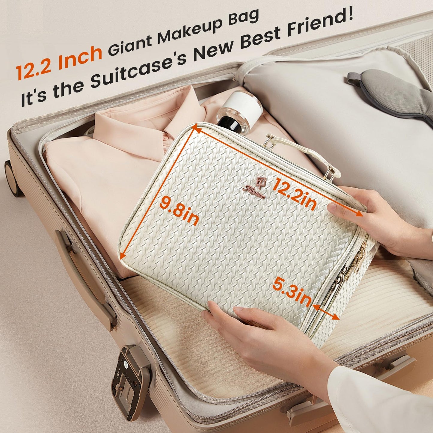 Faquenc Makeup Bag with LED Lighted Mirror 12.2 IN Cosmetic Train Case Double Layer Makeup Case Adjustable Brightness in 3 Colors Cosmetic Organizer Artist Storage with Brush Holder Vanity Beige