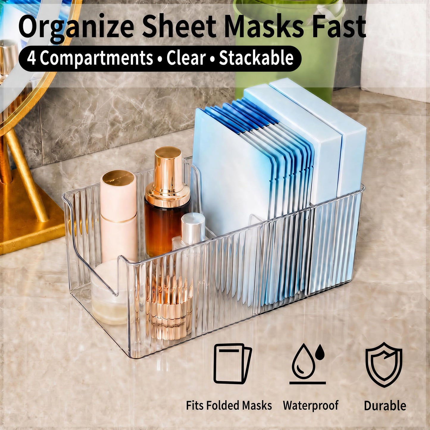 Imakmasion Skin Care Organizer & Face Mask Organizer, 4-Compartment Clear Plastic Sheet Mask Holder & Makeup Palette Storage, Vanity Bin for Bathroom, Cosmetic Organizer for Skincare & Eyeshadow