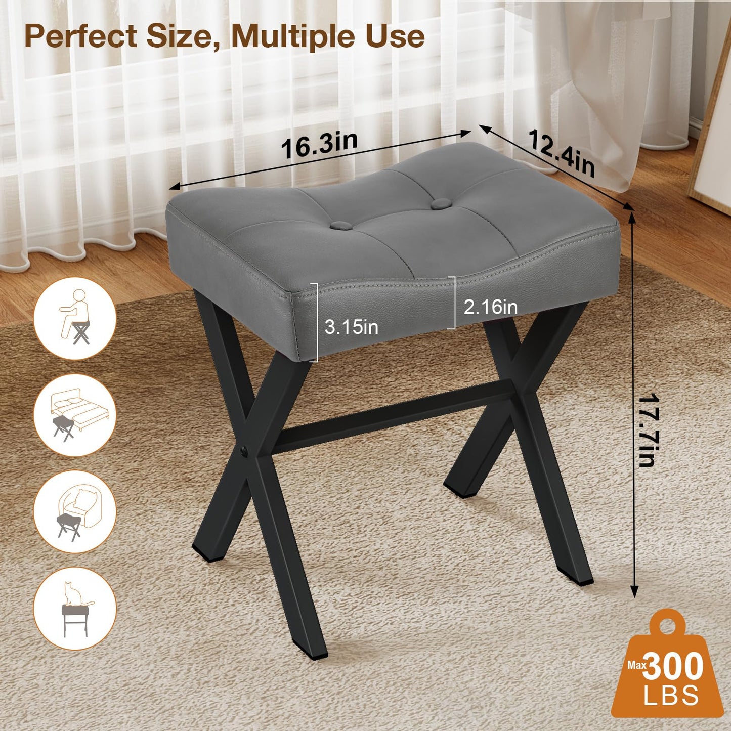 Memobarco 18-Inch Leather Vanity Stool Chair, Vanity Bench with Metal X-Leg, Ottoman Accent Stool with Thick Padded Saddle Seat, Gray