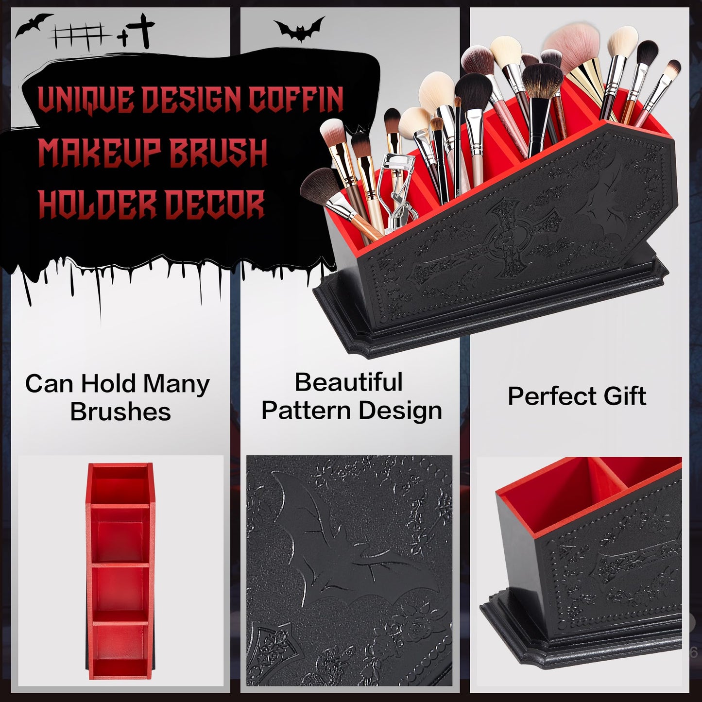 Gothic Coffin Decor Makeup Brush Holder,Spooky Witchy Gifts for Women,Bat Cosmetic Display Cases,Goth Decor Pen Holder, Vanity, Desk, Office Organizer for Bedroom Bathroom (Red)