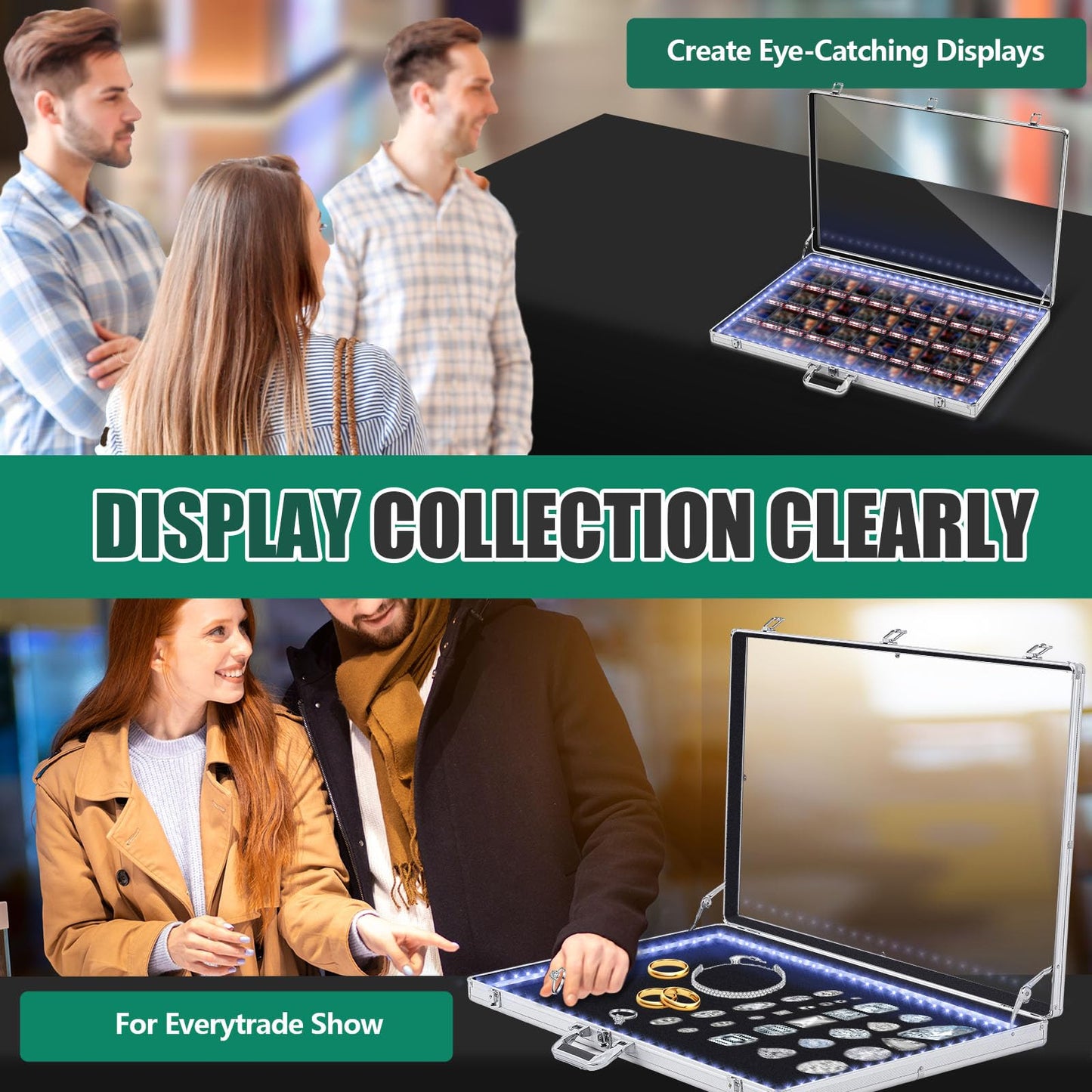 Memorywuu 34"x22" LED Trade Show Display Case Table Top Portable Aluminum Sports Card Display Case Frame with Clear Acrylic Showcase with Locks for Jewelry Craft Collector Shows