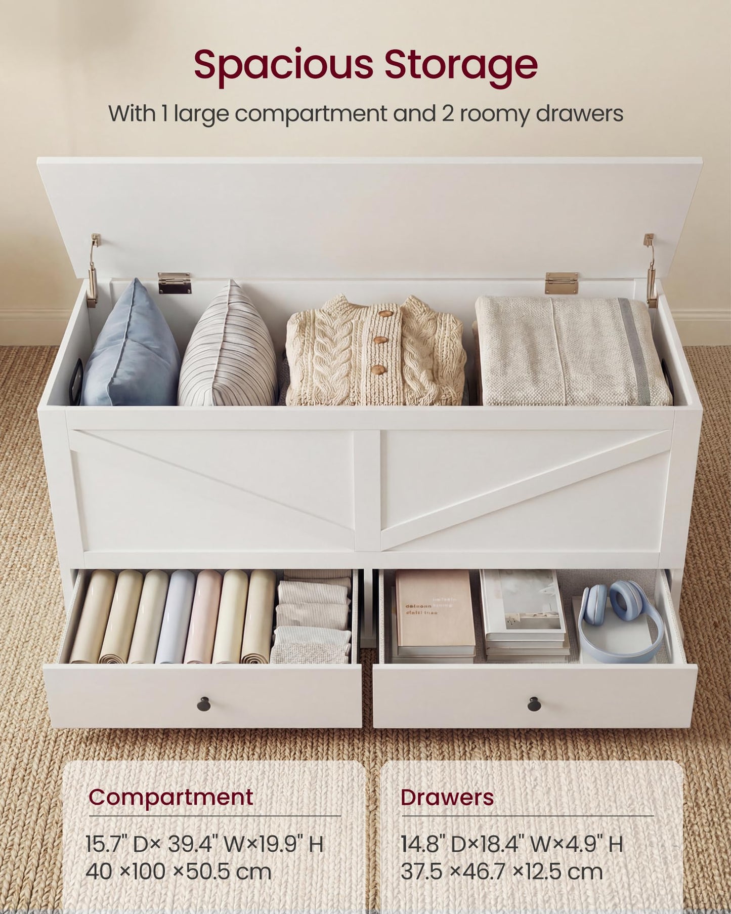 VASAGLE Storage Chest, Storage Bench with 2 Fabric Drawers, Farmhouse Style, for Entryway, Bedroom, Living Room, 15.7 x 39.4 x 19.9 Inches, Cloud White ULSB043W01