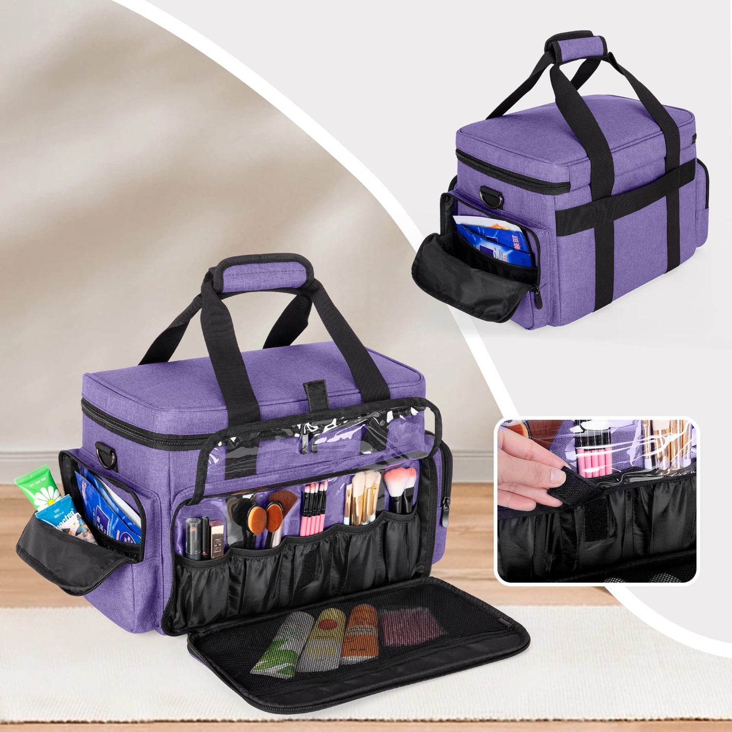 BAFASO Large Makeup Bag with 2 Removable Pouches and Detachable Dividers, Multifunctional Toiletry Bag Cosmetic Bag to Keep Makeup and Hair Supplies (Patent Pending), Purple
