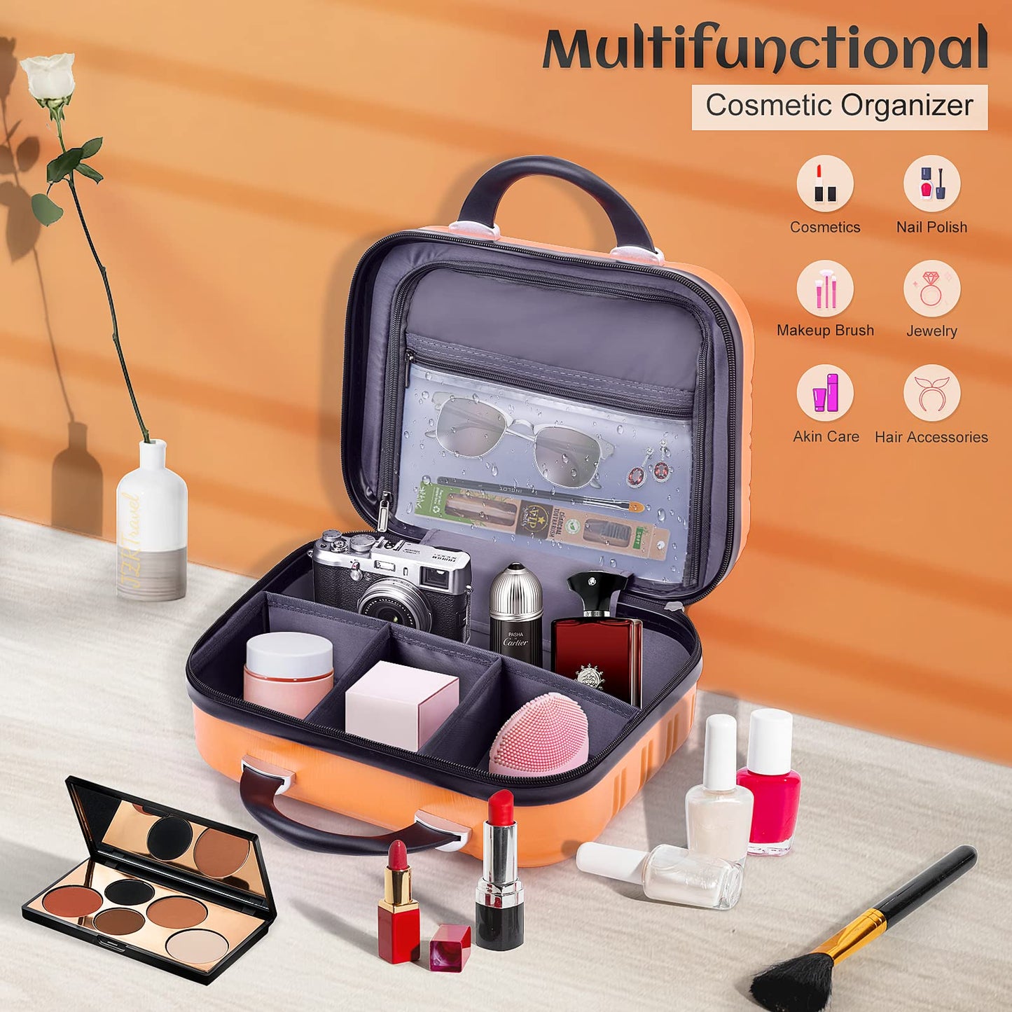 14 Inch Makeup Train Case PC ABS Hard Shell Cosmetic Organizer Portable Toiletry Bag Travel Vanity Case Small Suitcase Makeup Box for Women Outside Activity With Back Strap