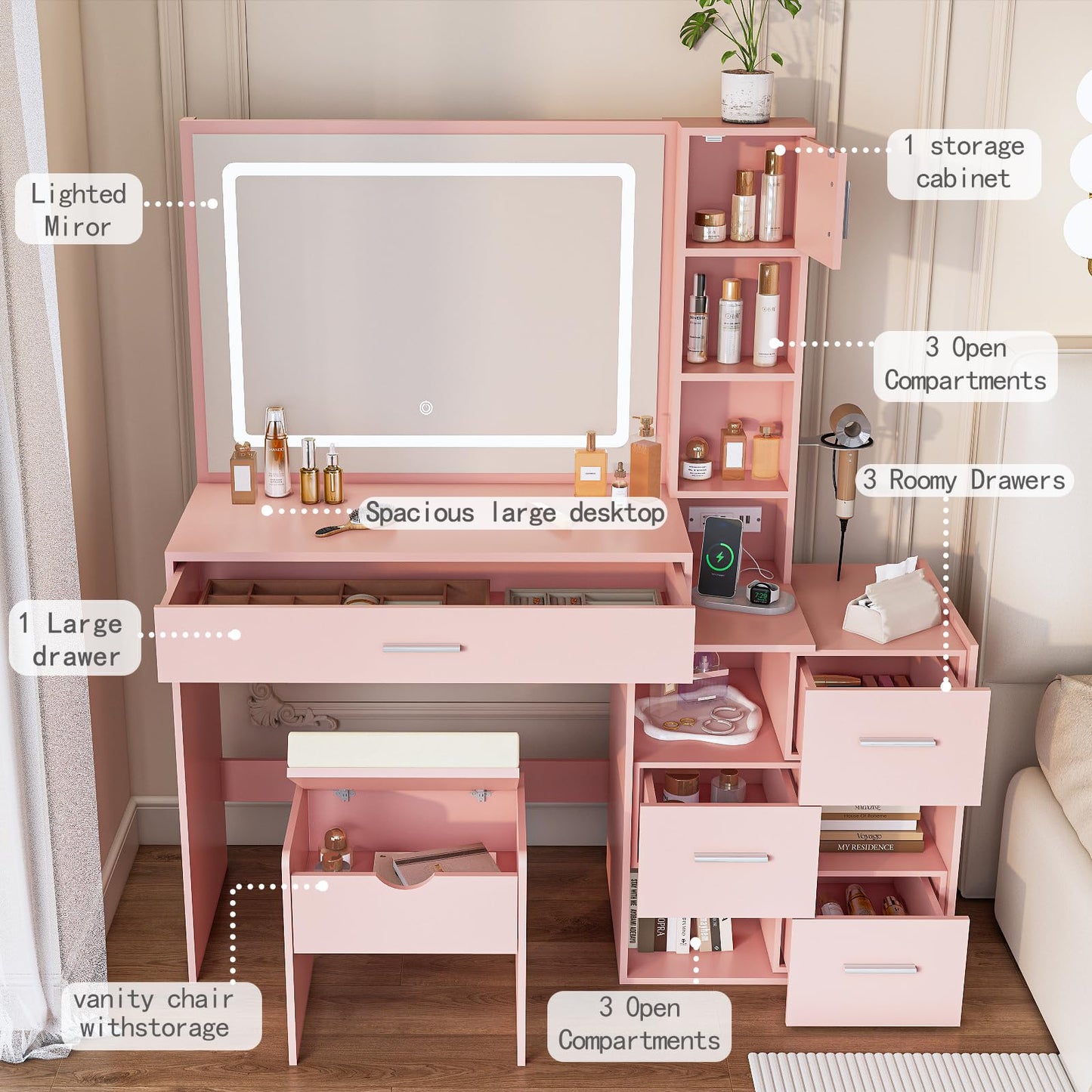 Vanity Desk with LED Lighted Mirror, Sliding Side Cabinet with Expandable Storage, Makeup Table with Drawers & Shelves, Built-in Power Outlet, Vanity Set with Storage Stool for Bedroom (Pink)