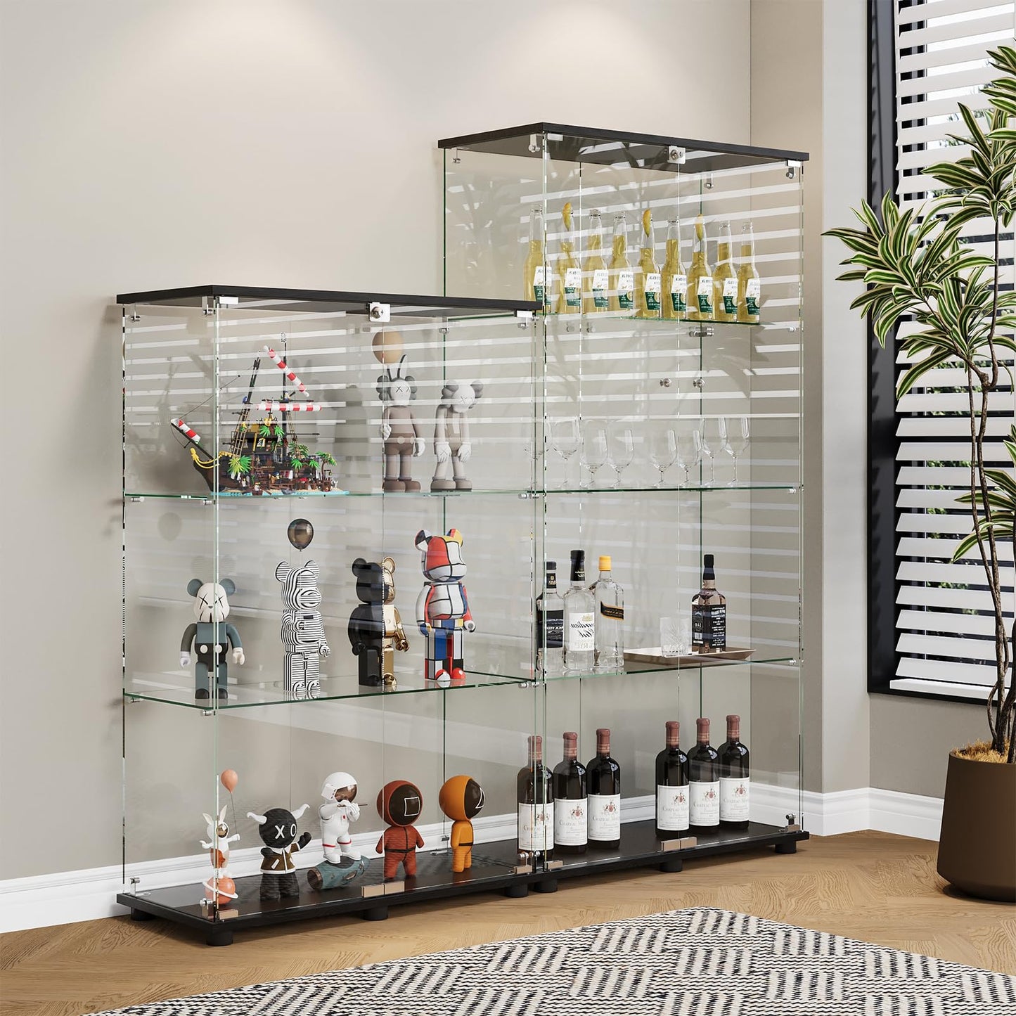MODCART Glass Display Cabinet with 3-Shelf Double Doors and Lock, Curio Cabinet 5mm Tempered Glass Floor Standing Bookshelf for Living Room, Bedroom, Office, 49 x 31.77 x 14.37 in, Black