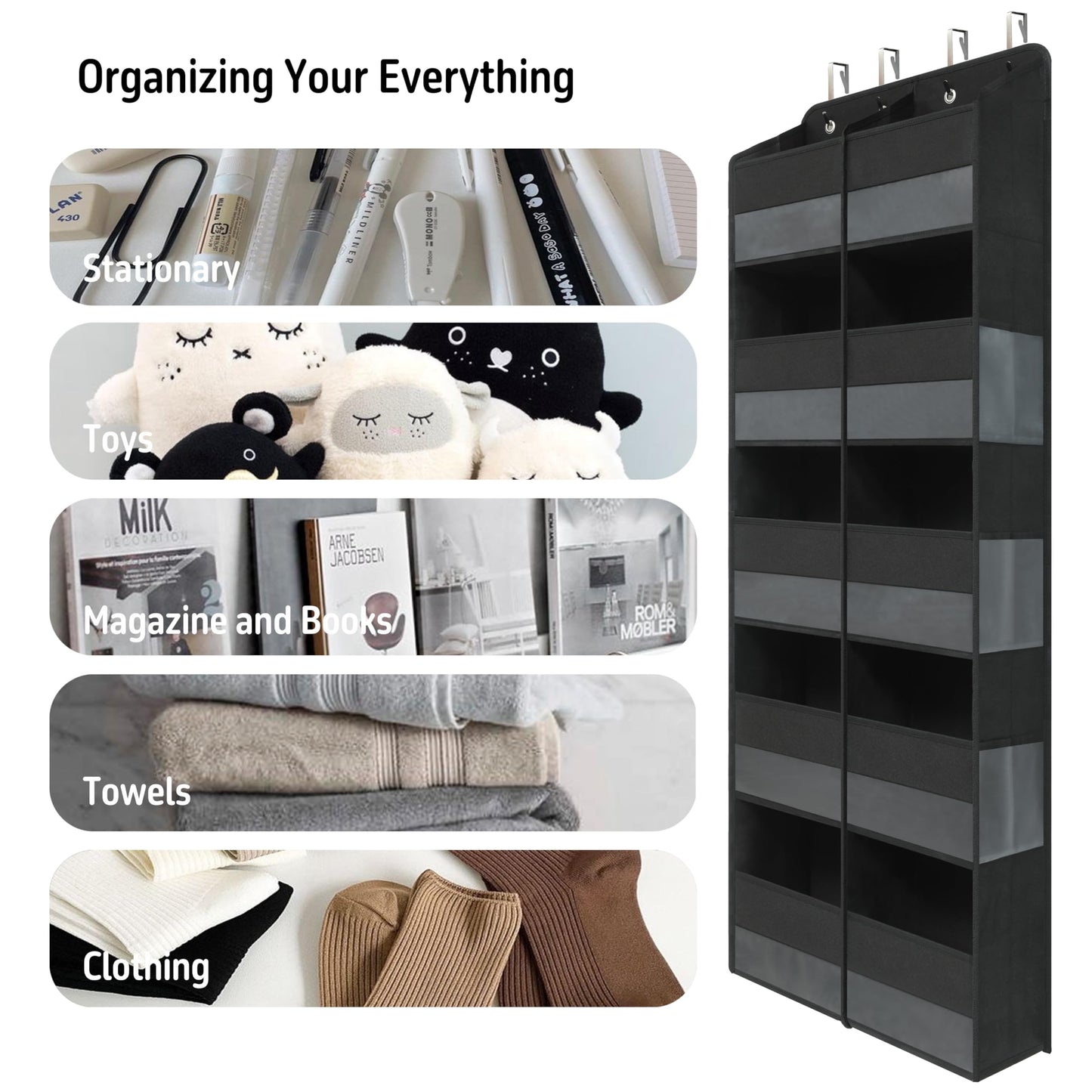 Giraffe Creation Black Over Door Organizer with 10 Large Clear Pockets, Double-Row Hanging Door Storage for Closet, Bathroom, Nursery, Bedroom, Dorm, Toys, Cosmetics, Baby Essentials