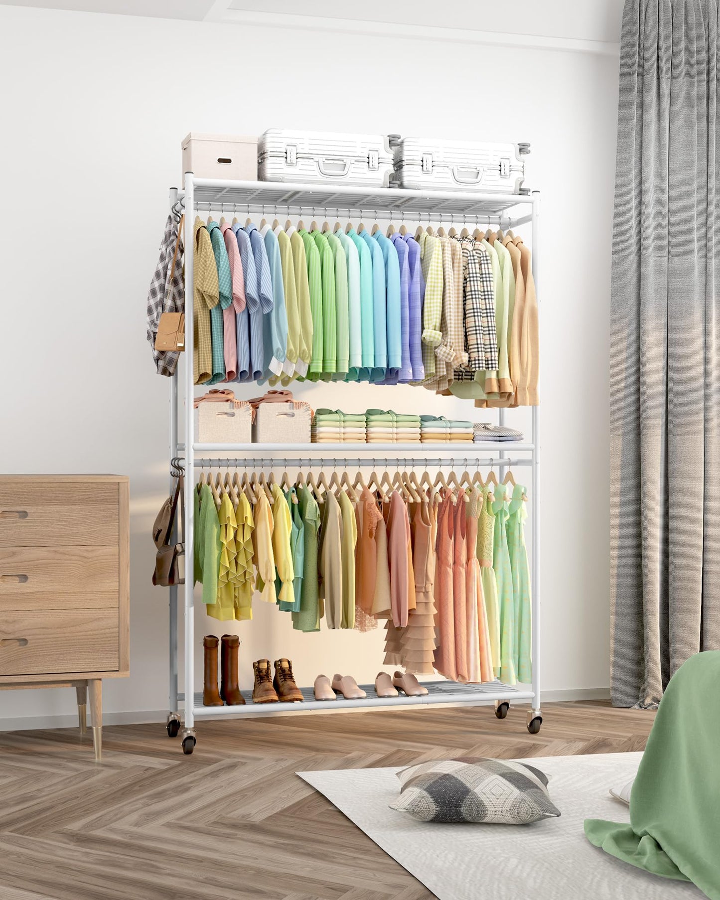 Sakugi Clothes Rack - 45.2" x 12.2" x 79.5" Clothing Rack with Shelves & Wheels, Multi-Functional Wardrobe Closet with Hooks, Sturdy Metal Garment Rack for Bedroom, Laundry, Balcony (White)