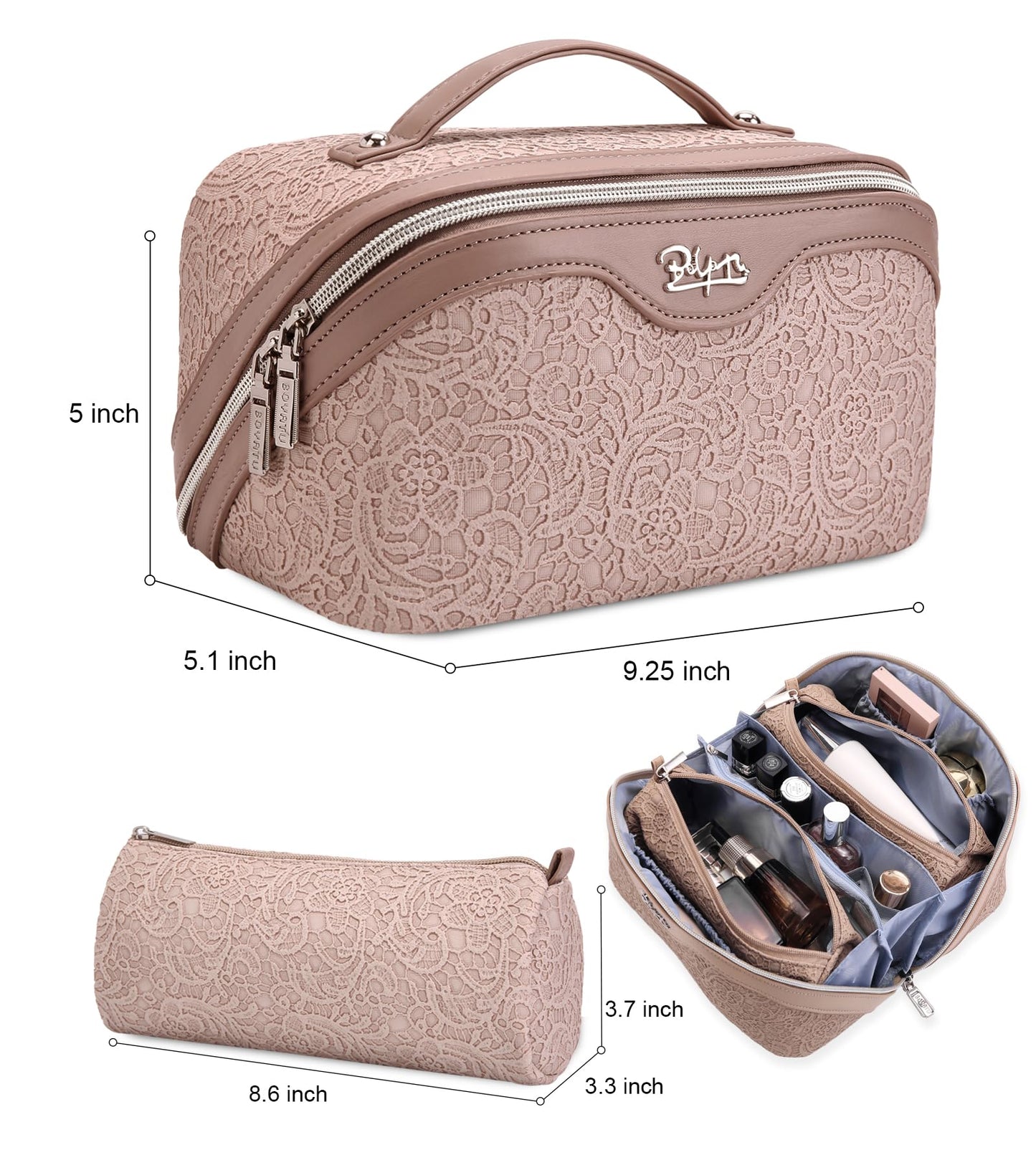 BOYATU Travel Makeup Bags Cosmetic Organizer Bag: 3-Set Large Capacity Make up Bag - PU Leather Toiletry Bags for Women - Wide Open Portable Pouch with Divider & Handle (A-Light Pink)