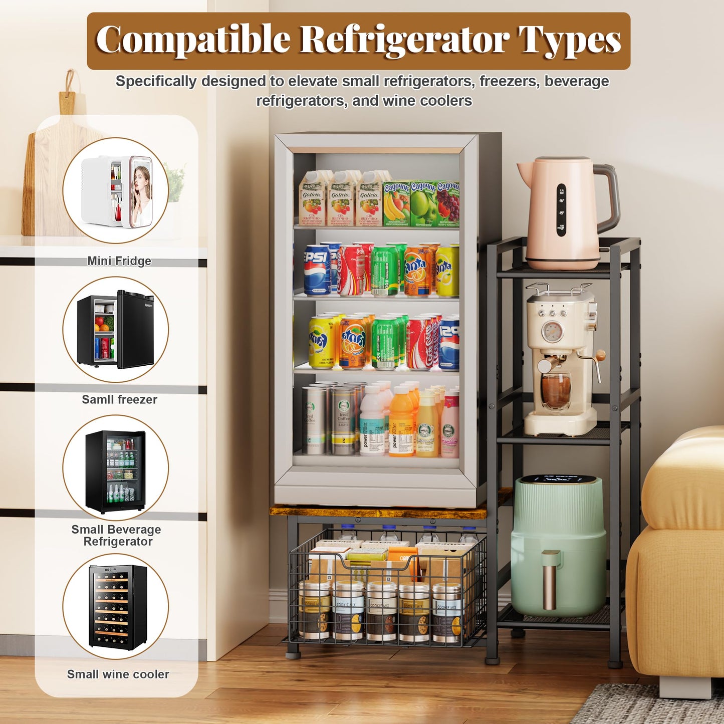 Yuyetuyo Mini Fridge Stand with Storage, Coffee Bar with Mini Fridge Space, Small Refrigerator Stand, Wine Cabinet, Kitchen Storage with Basket for Dorm, Apartment, Living Room, Office