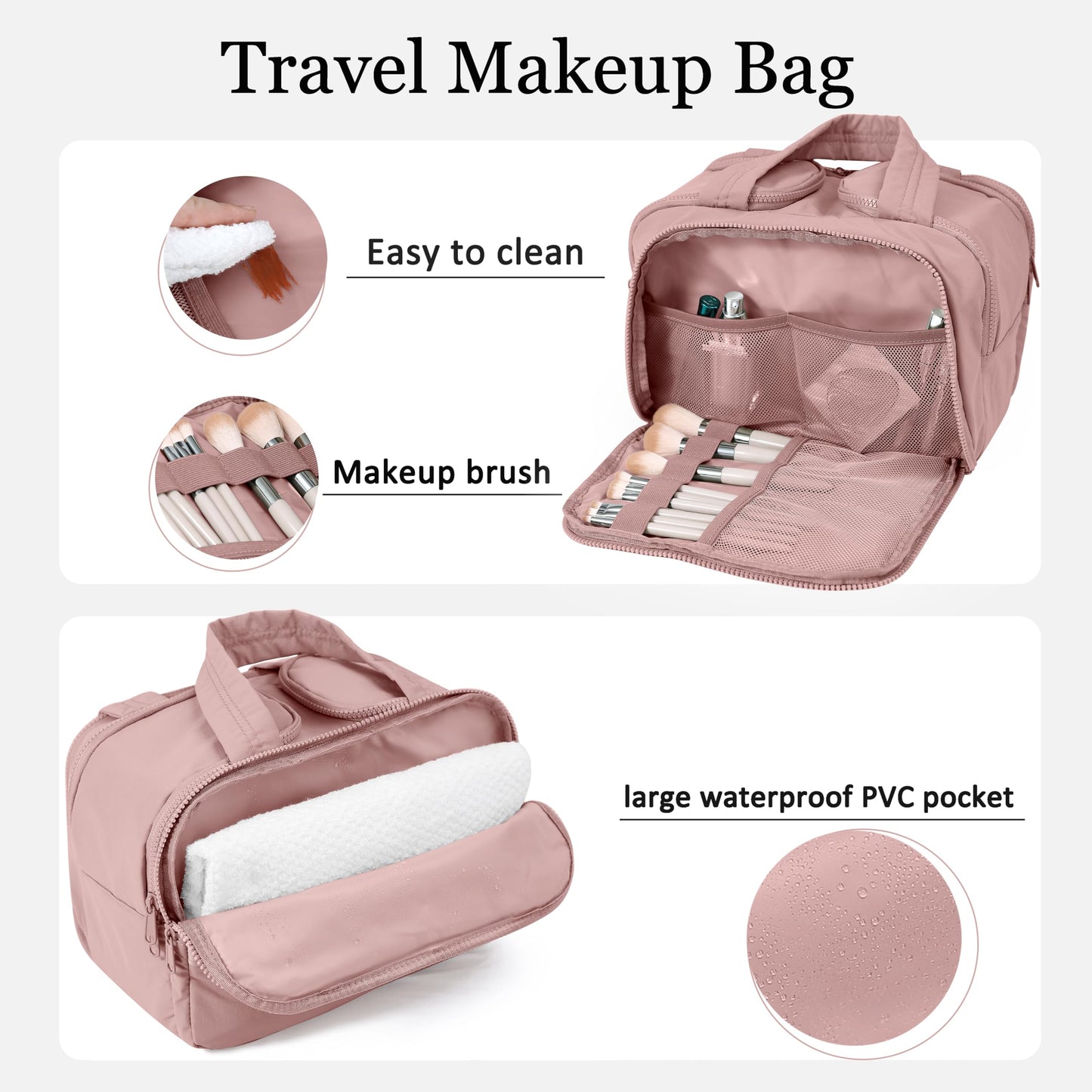 XKIILH Travel Toiletry Bag for Women, Large Lightweight Puffy Makeup Bag, Wide-open Wet-Dry Separation Organizer with Multi-Pocket & Carry Handle for Toiletries, Cosmetics, Essentials, Dark Pink