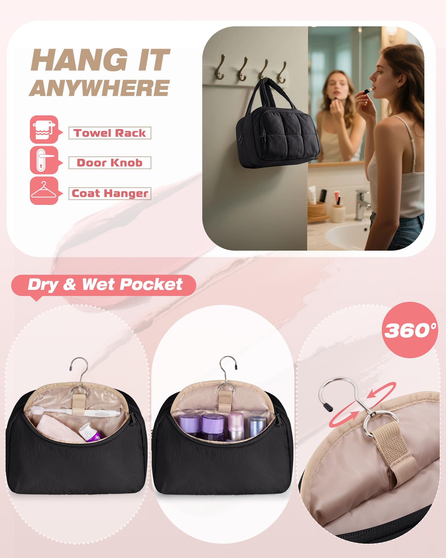 Marscamd Travel Makeup Bag for Women, Puffy Cosmetics & Toiletry Organizer with Leakproof Pockets for Travel-Size Shampoo, Conditioner, Brushes & Essentials - Medium Size, Black (Bag Only)