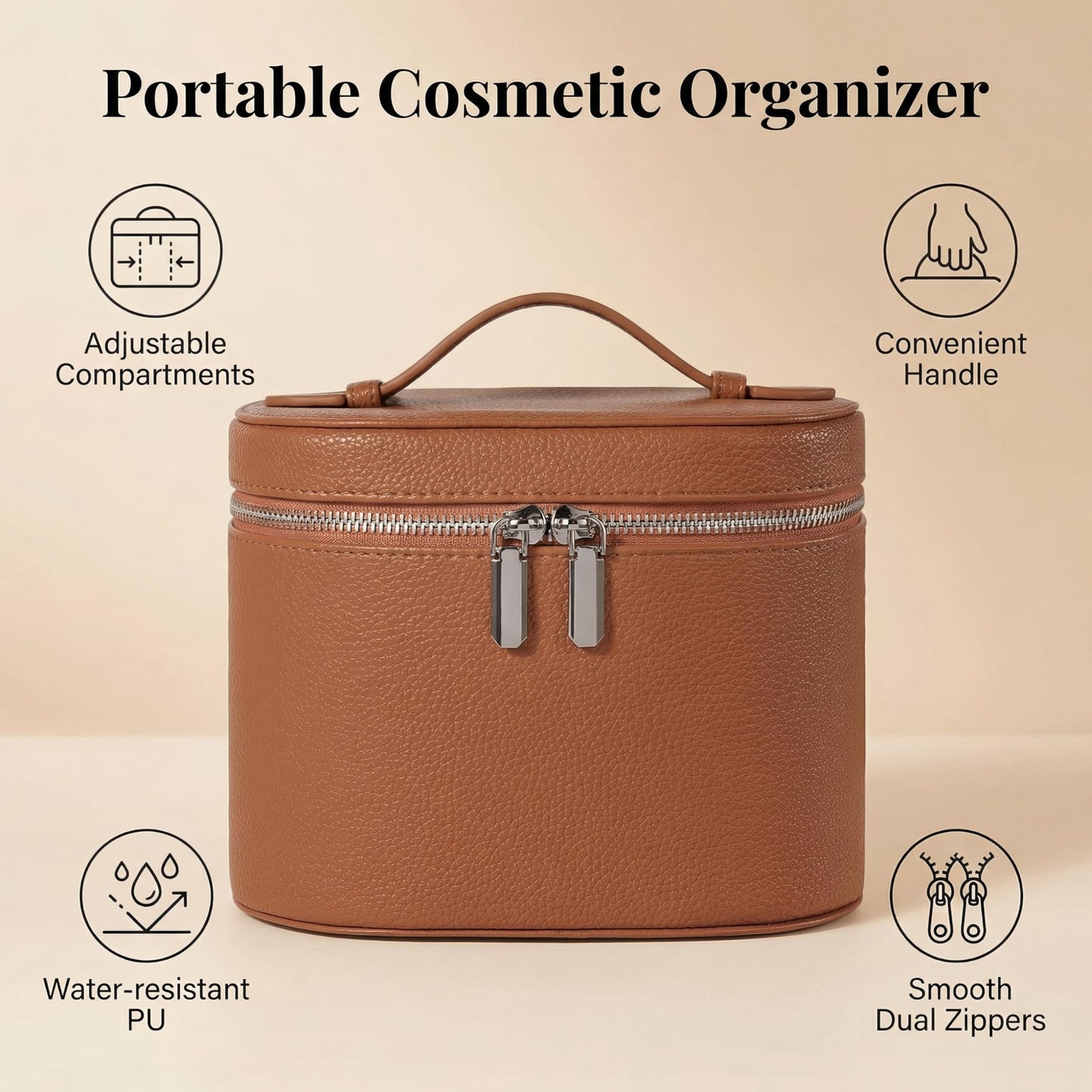IEMIEBOAMGNOY Leather Makeup Bag Organizer with Compartments - Standing Travel Cosmetic Bag for Women, Waterproof Vanity Case with Detachable Divider, Brown Portable Toiletry Bag
