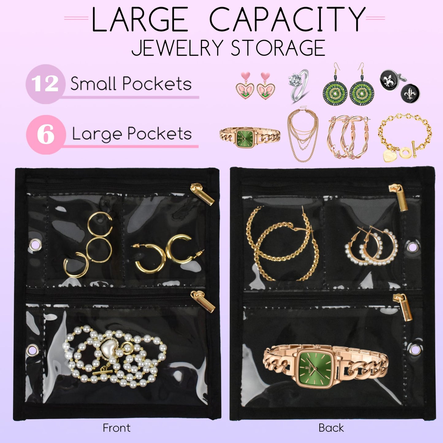 LingLingo Travel Jewelry Organizer Case,Jewelry Bags Jewelry Storage Book Binder with Clear Zipper Velvet Pouch for Traveling,Earrings, Rings, Necklace, Bracelet (Inner Pages, 3 PCS)