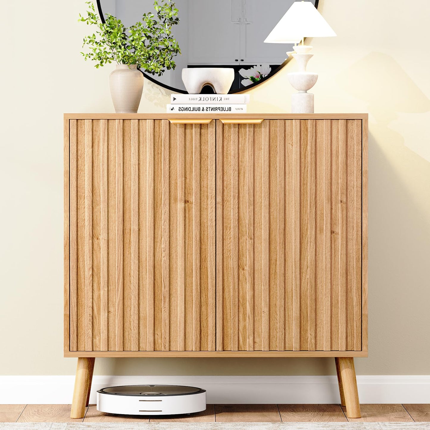 REHOOPEX Fluted Storage Cabinet, Buffet Cabinet with Storage, Wood Sideboard with Adjustable Shelf, Modern Accent Cabinet & Console Table for Entryway, Living Room, Dining Room, Natural
