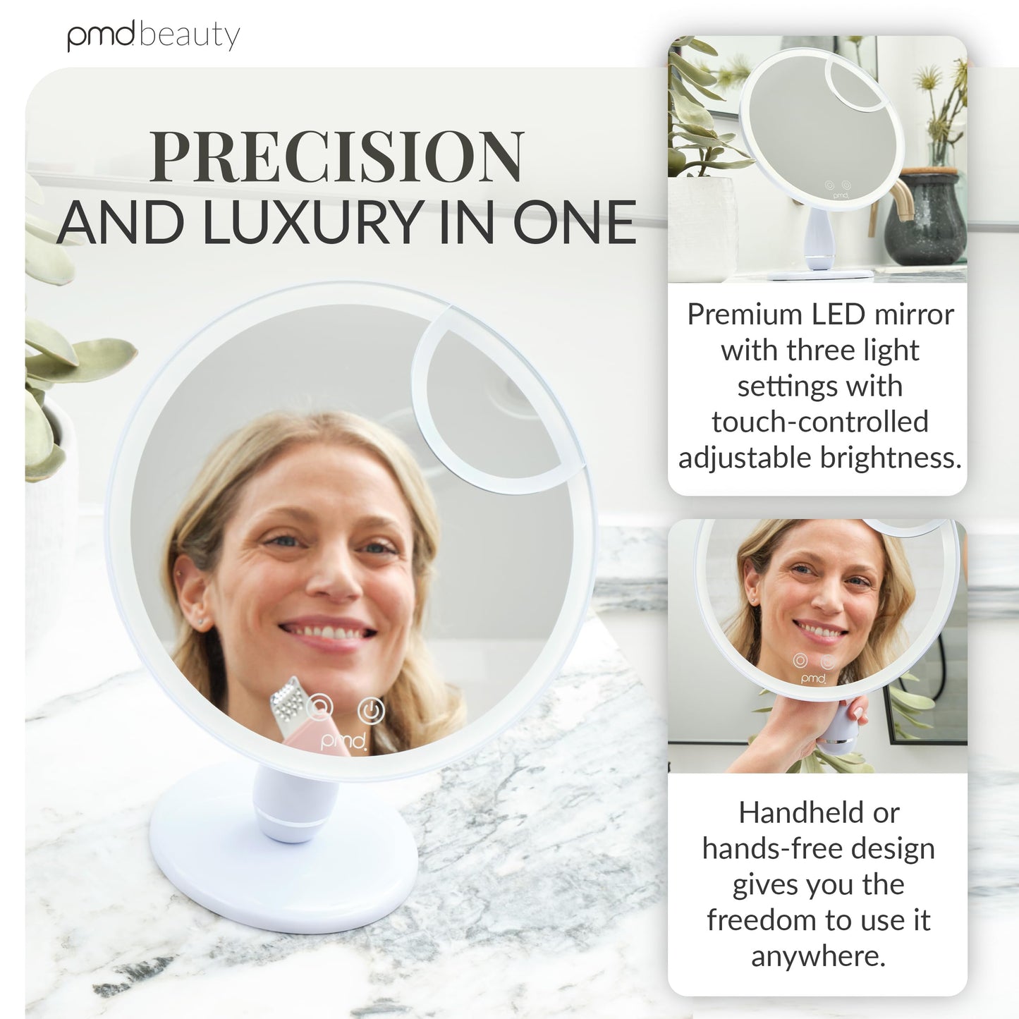 PMD Beauty Reflect Pro LED Makeup Mirror with Lights - TriLume Technology - Handheld Vanity Mirror - Three Modes, 360° Rotation, 5X Magnification, Travel Ready