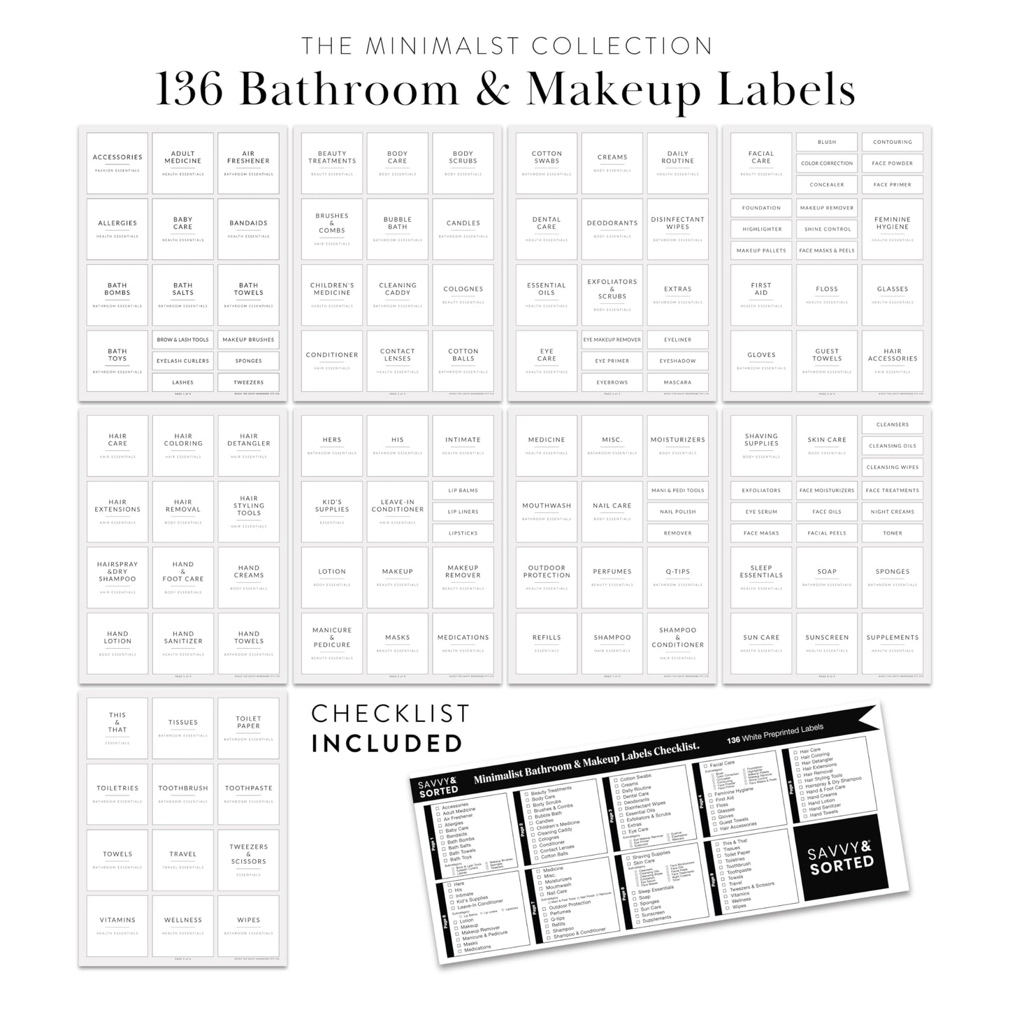 Minimalist Bathroom Labels for Organizing, 136 Preprinted Bath Room and Makeup Organizer Stickers, Waterproof Removable, Soap Shampoo Storage Supplies