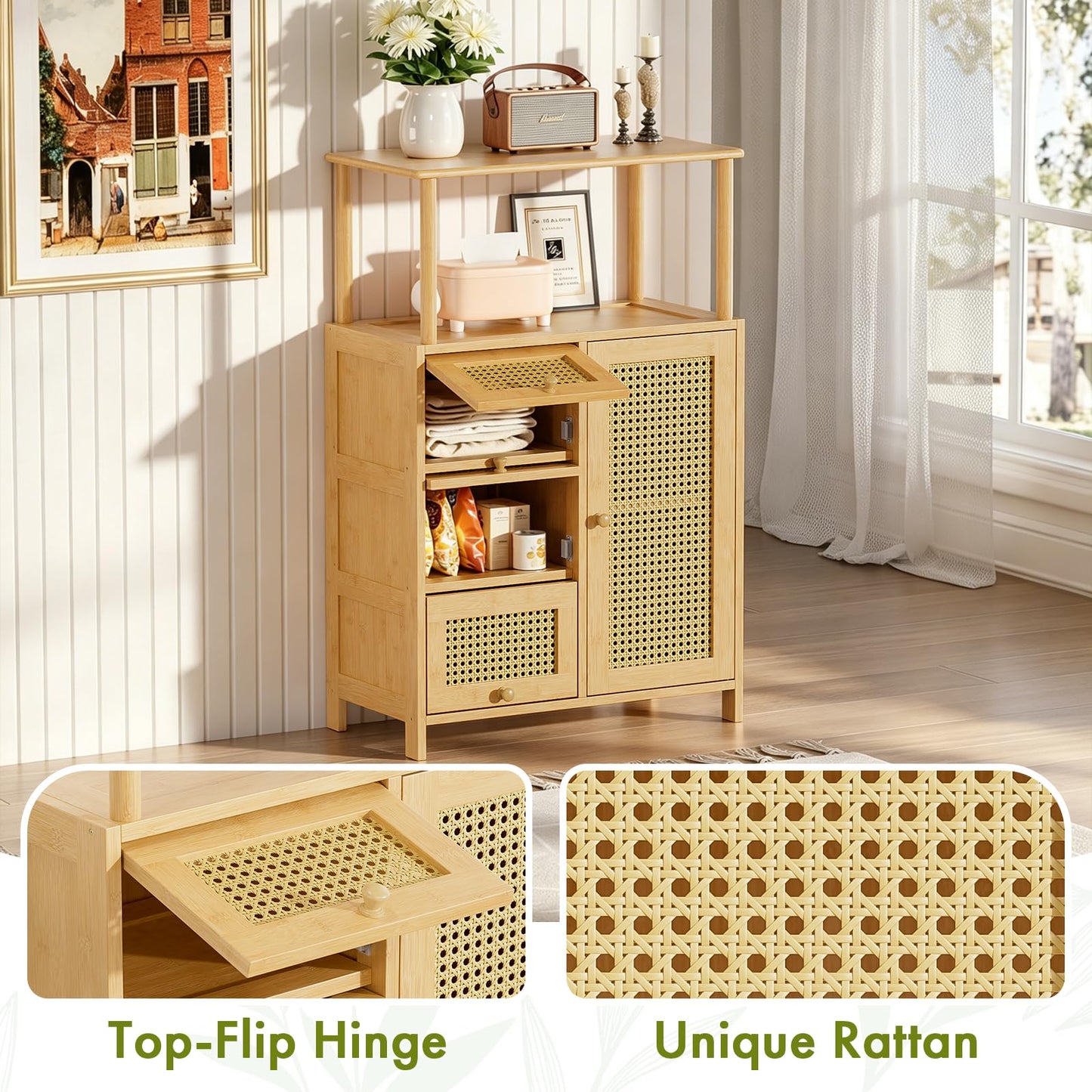 Amazer Sideboard Buffet Cabinet with Storage, Bamboo Storage Cabinets, Rattan Sideboard with Adjustable Shelf, Pantry Cupboard for Kitchen Living Room Entry Coffee Bar, Natural Color
