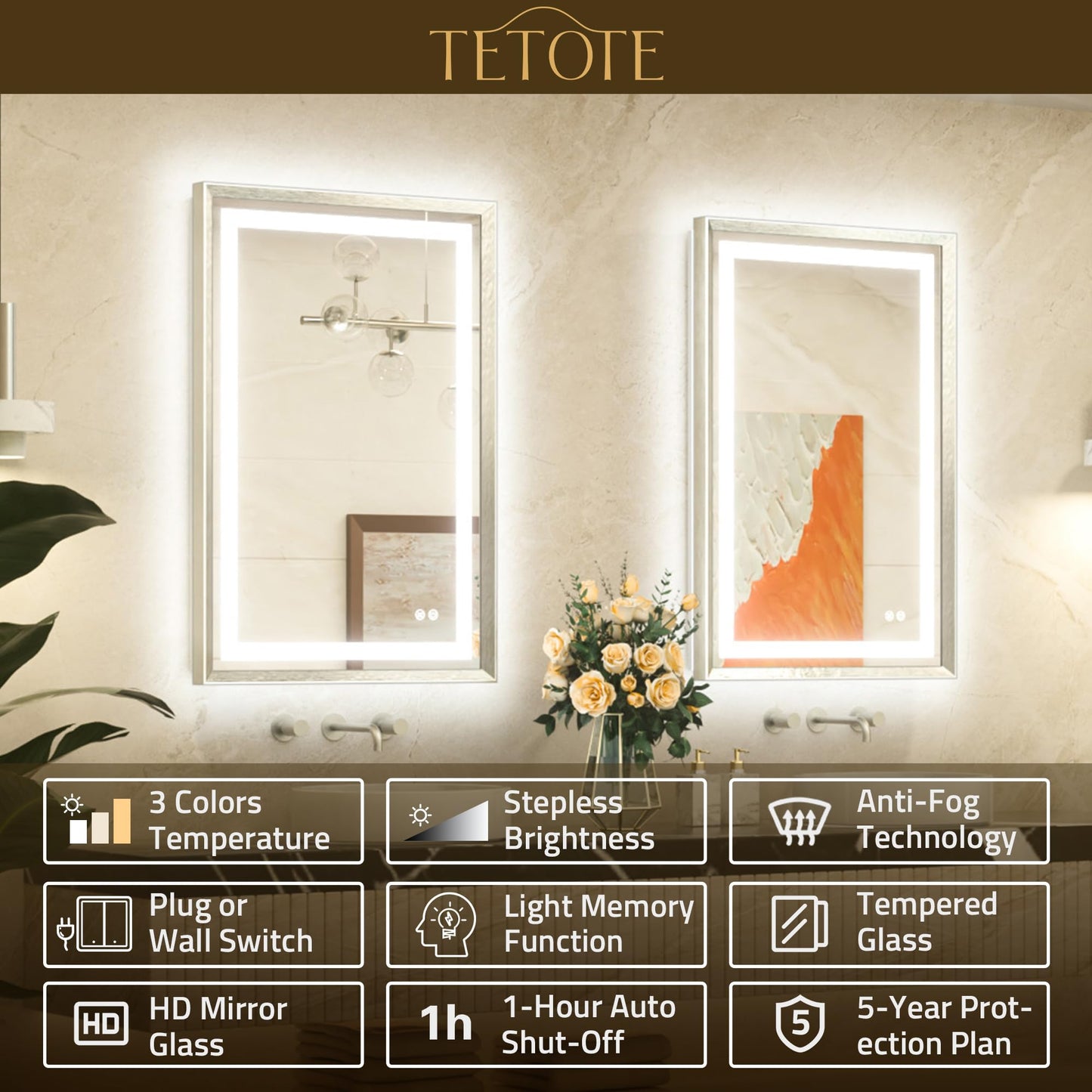 TETOTE 24 x 32 Bathroom LED Mirror Brushed Nickel Metal Frame Frontlit & Backlit Vanity Mirror Anti-Fog Stepless Dimmable 3 Colors White/Warm/Natural Mirror with Lights Wall-Mounted