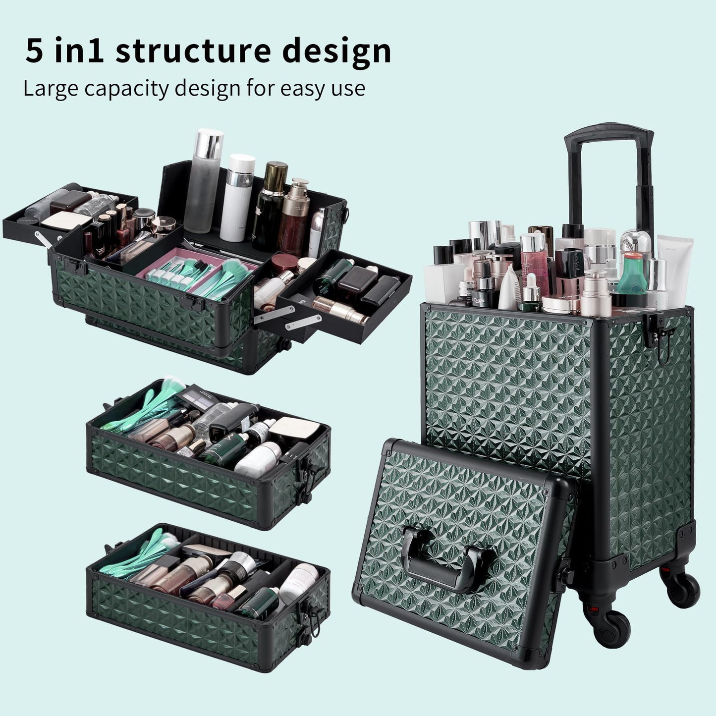 GALHUBIS Rolling Makeup Case, Makeup Train Case with Lid, 5 in 1 Cosmetology Case on Wheels, Christmas Gift, Large Makeup Case Organizers, Profesional Cosmetic Case for Salon Barber,Black Green
