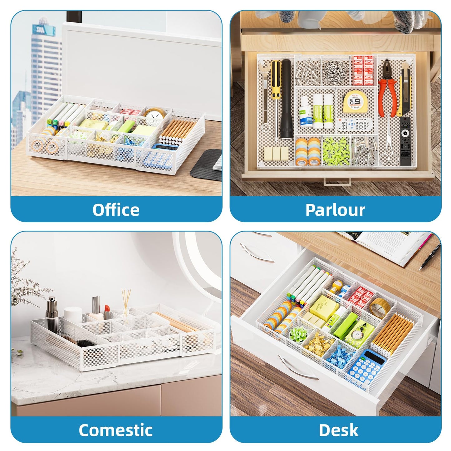 Marbrasse Expandable Desk Drawer Organizer, Mesh Drawer Organizer Tray with 10 Adjustable Compartments, Desk Organizers and Accessories for Office Supplies, Makeup & Vanity (Expandable White-2 pack)
