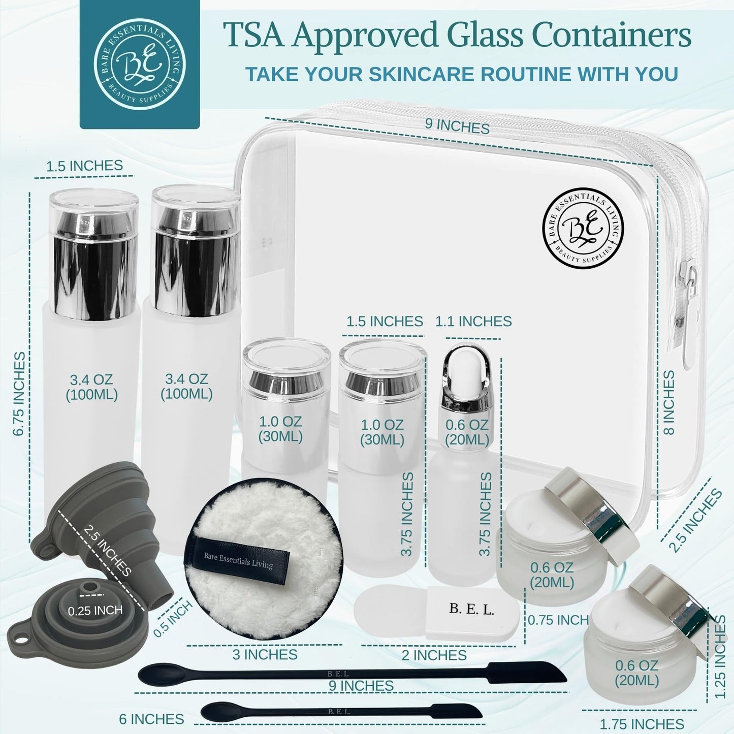 14 Pcs Glass Travel Skincare Containers Set-TSA Approved Toiletry Bag & Glass Travel Bottles for Toiletries Pump, Spray & Dropper Bottles Travel Size for Foundation, Serum Moisturizer Oil & Cream