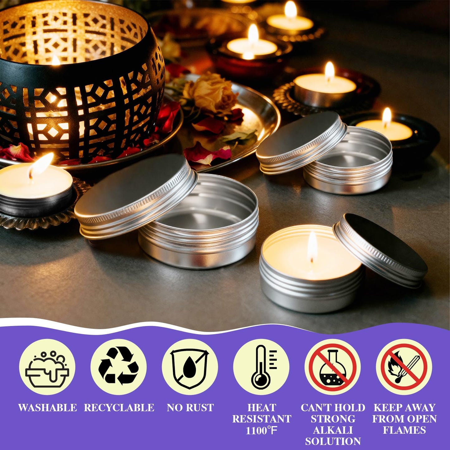 DPLASKA 100pcs 2 Oz Aluminum Metal Tins with Screw Lids Round Empty Salve Tin Cans Jars DIY Candle Containers for Lotion Bars, Balms, Spices, Crafts with Labels, Spatulas & Organza Bags (Black)