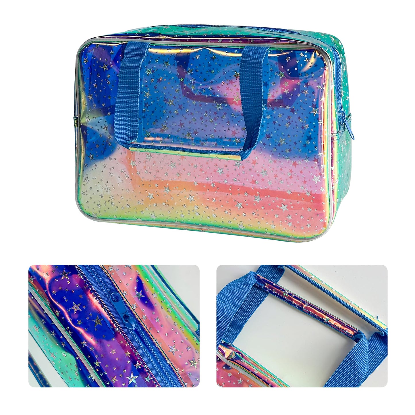 TotePrint Holographic Blue Clear Star Large Cosmetic Bag and TPU Travel Pouch with Handle,Durable Material,Zipper Design-Ideal for Makeup,Travel Essentials (Holographic Blue+Star)