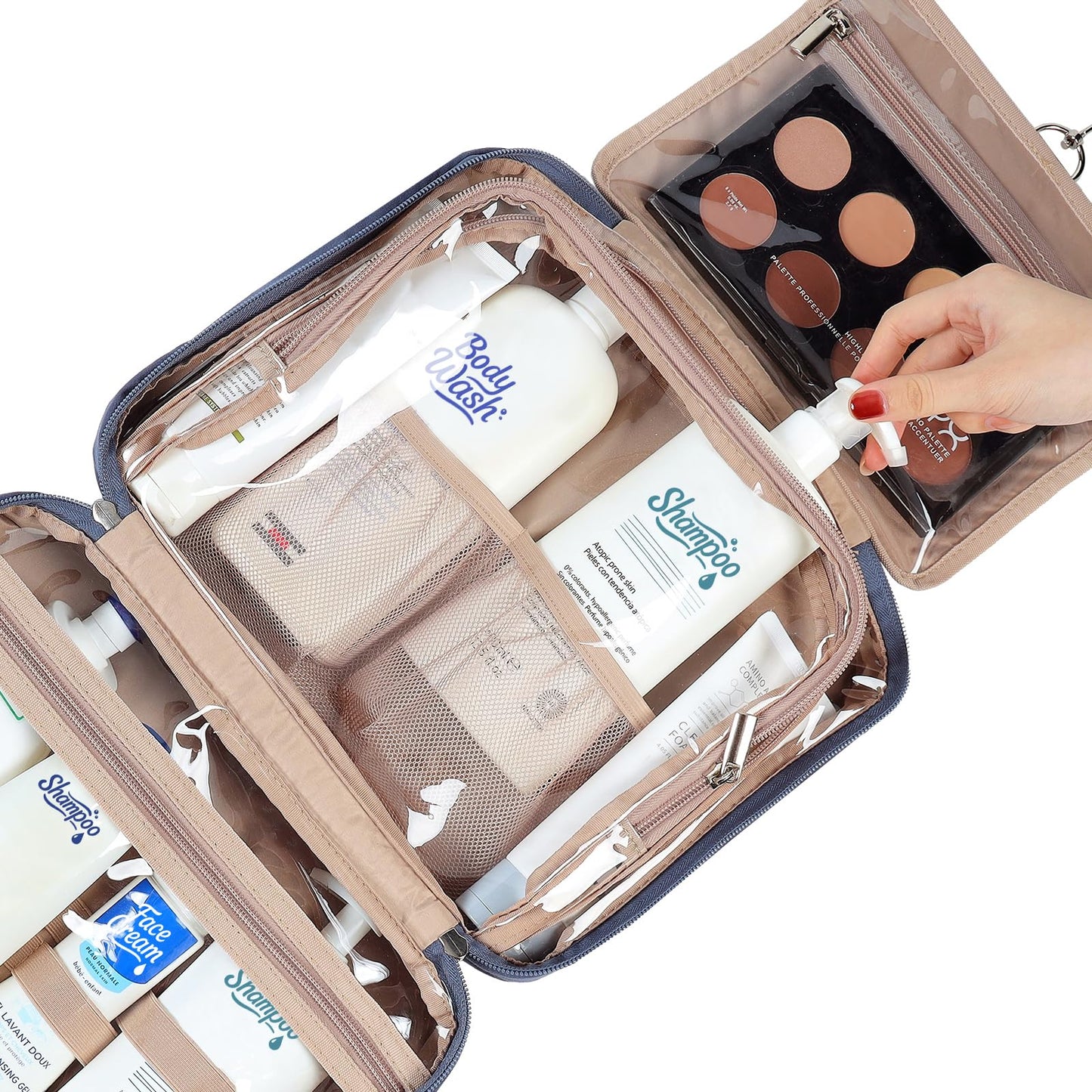 NISHEL Travel Toiletry Bag for Women, Makeup Essentials Organizer, Hanging Case for Accessories, Cosmetics, Large Size, Aegean-Blue