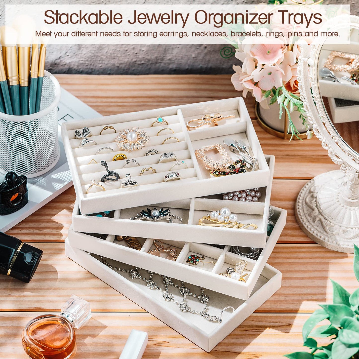 Kenning 16 Pcs Stackable Jewelry Organizer Trays for Drawers, Velvet Jewelry Drawer Inserts Trays Earring Organizer, 8. 3x5x1 Inch Dresser Ring Easter Earring Storage Display for Women Teacher Gifts