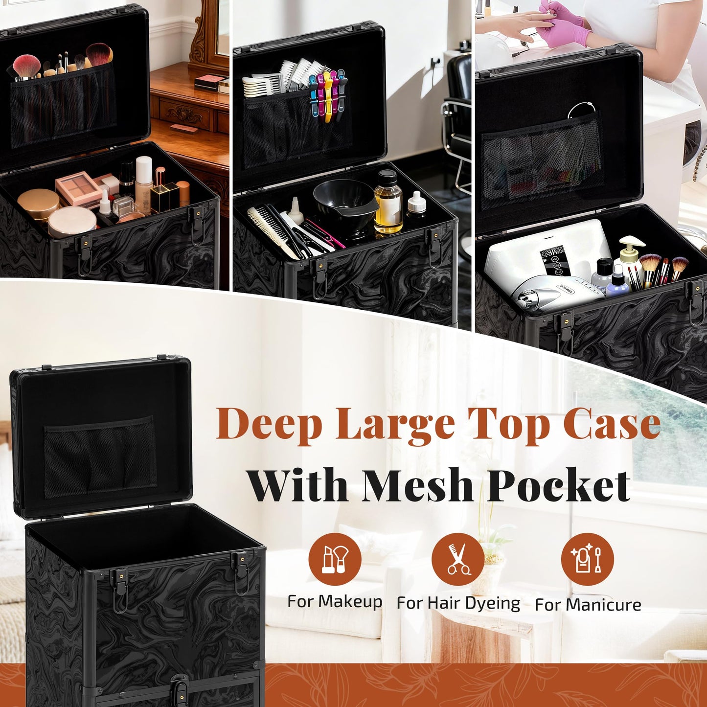 JINGUAN Rolling Makeup Train Case with 3 Drawers, Nail Trolley Cart Salon Station Cosmetology Case on Wheels Organizer Cases for Nail Tech,SPA,Face Painting,Hairstylist,Makeup Artist (Ink Black)